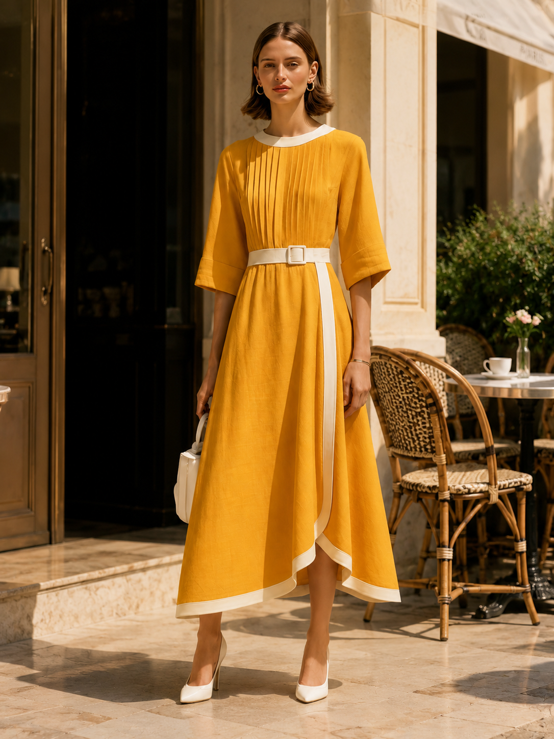 Yellow Linen Flared-sleeve Dress With White Piping