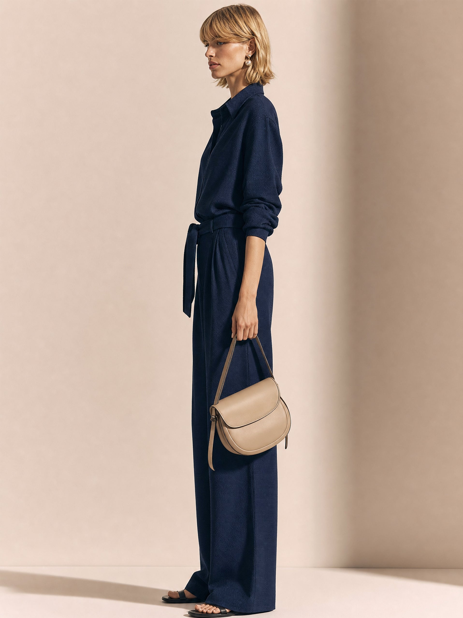 Navy Waffle Long Sleeve Shirt & Wide-Leg Pant Set