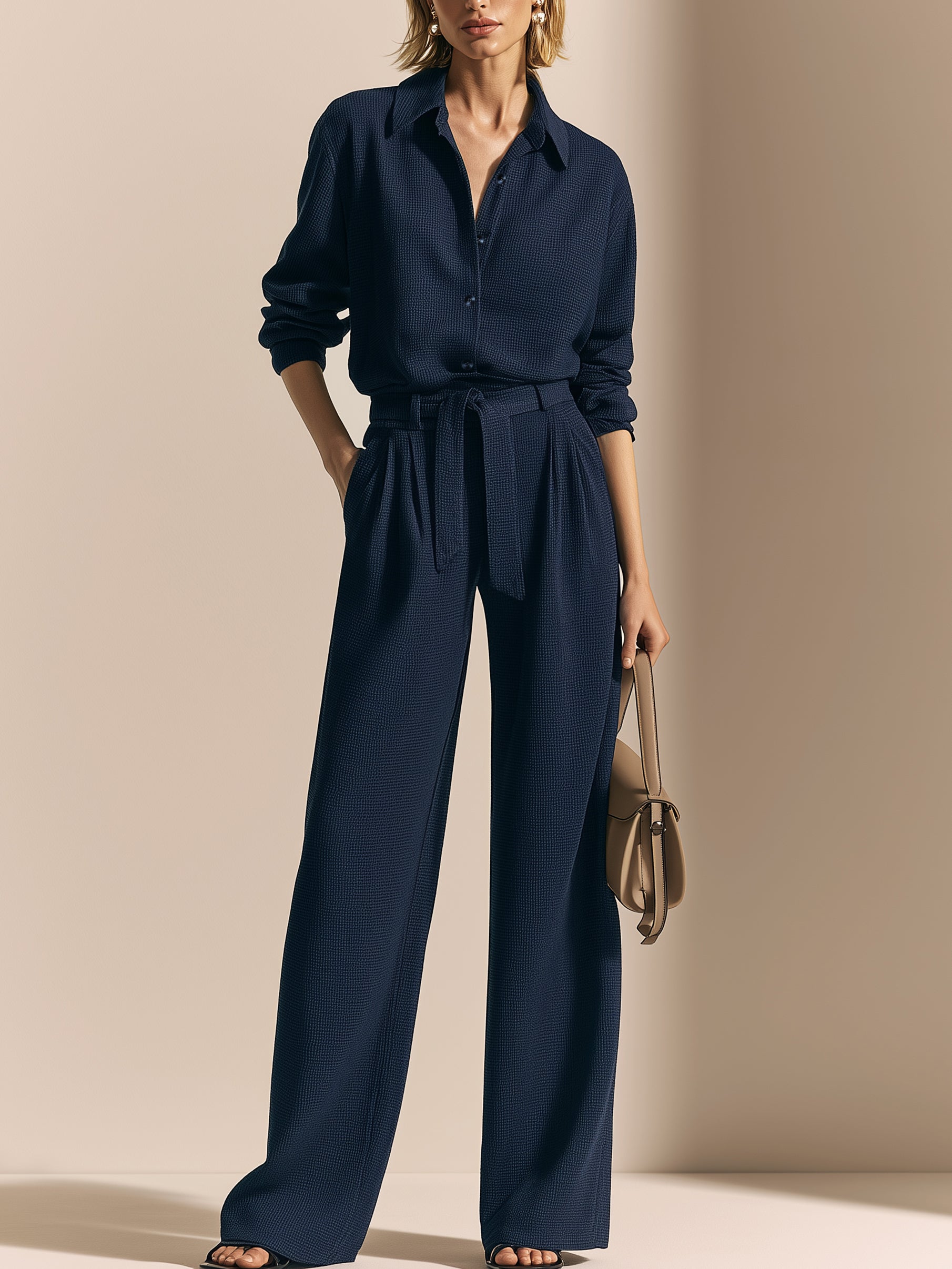 Navy Waffle Long Sleeve Shirt & Wide-Leg Pant Set