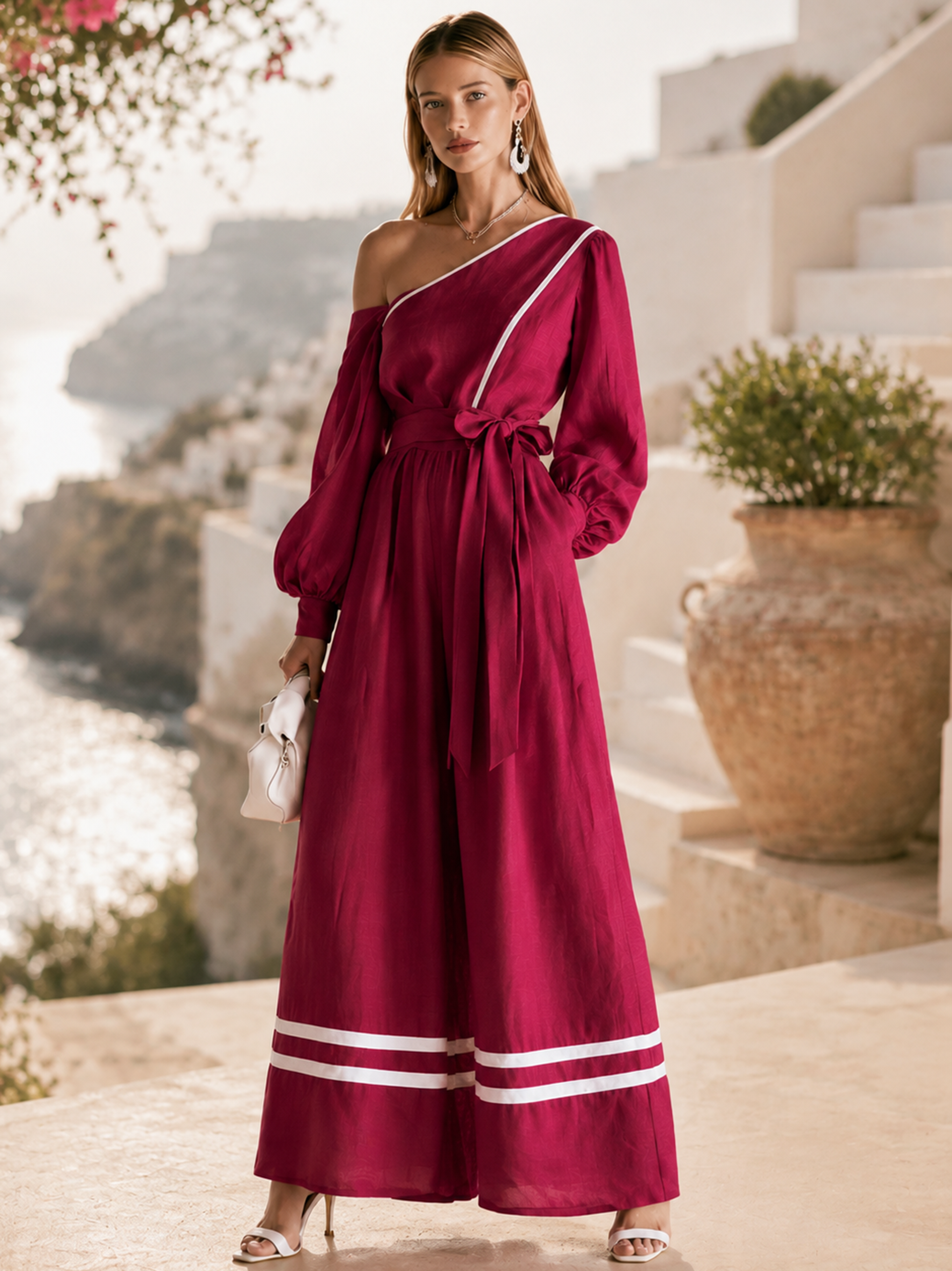 Elegant Fuchsia Pink Linen Blend One-Shoulder Jumpsuit