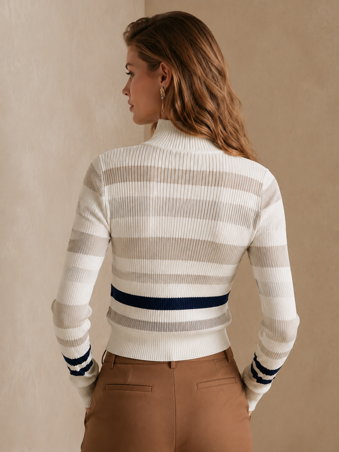 Elegant White & Navy Stripe Ribbed Knit Cardigan