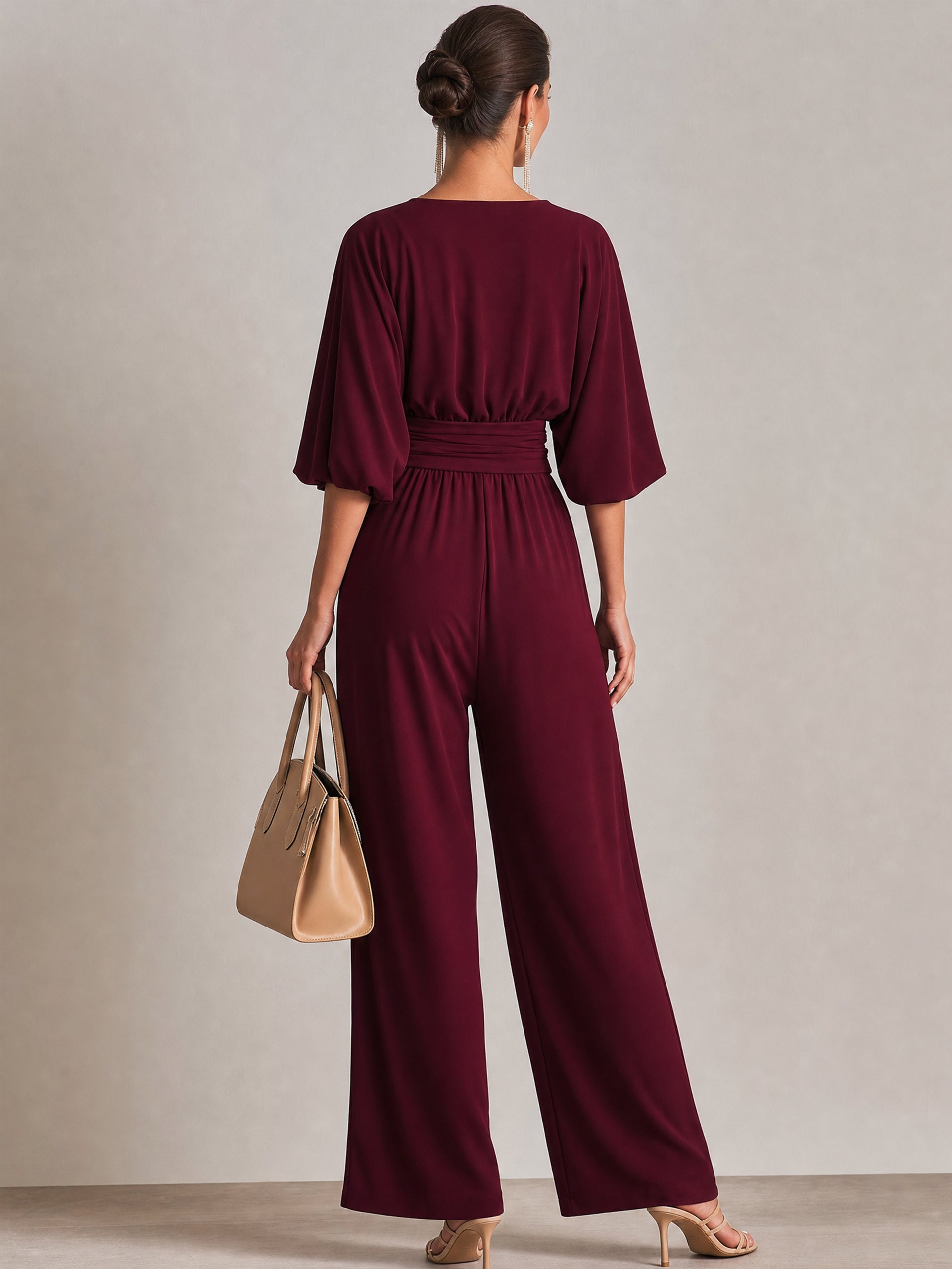 Burgundy Wrap V-Neck Batwing Sleeve Wide Leg Jumpsuit