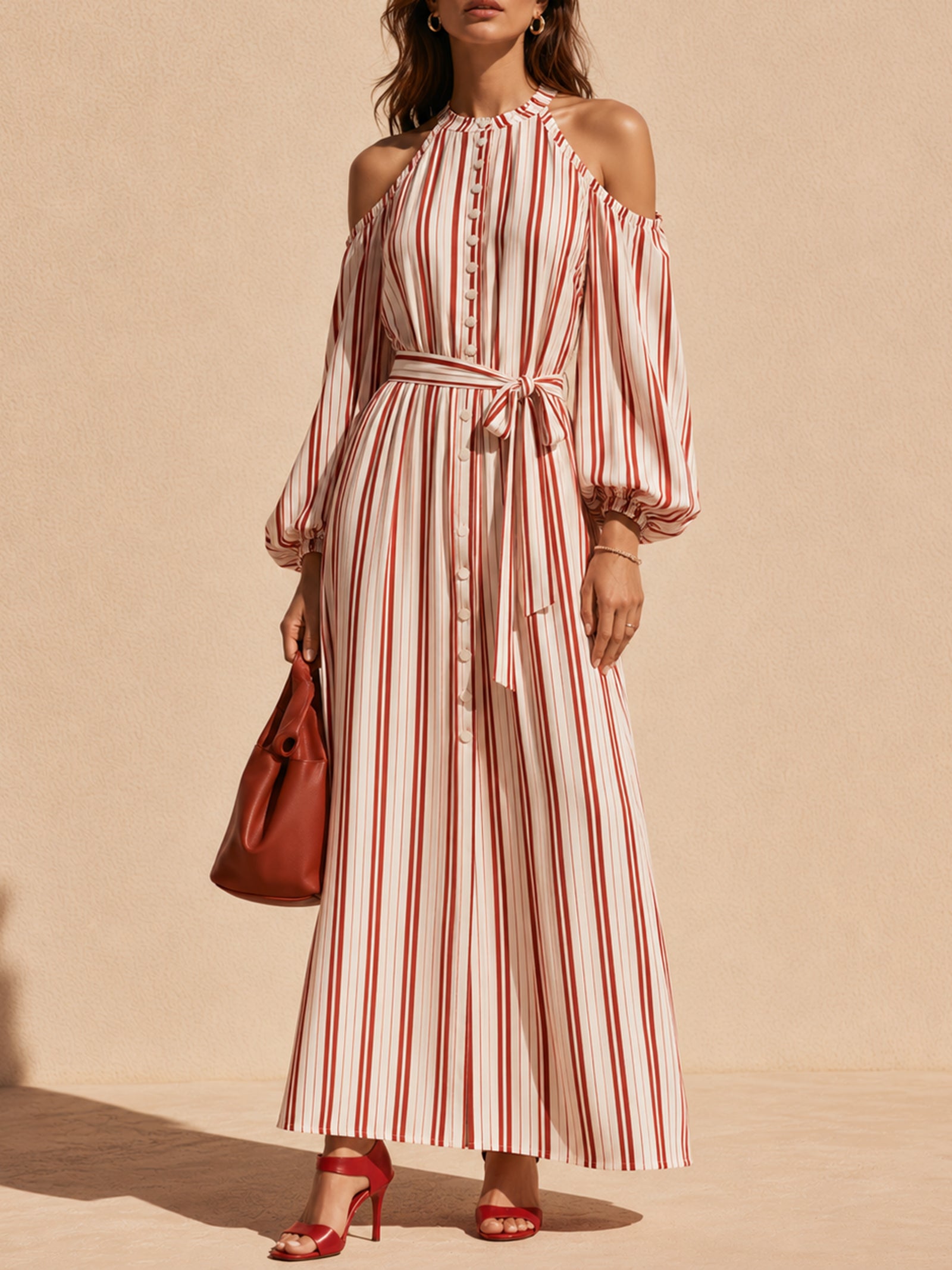 Elegant Red And White Striped Long-sleeve Halter Dress