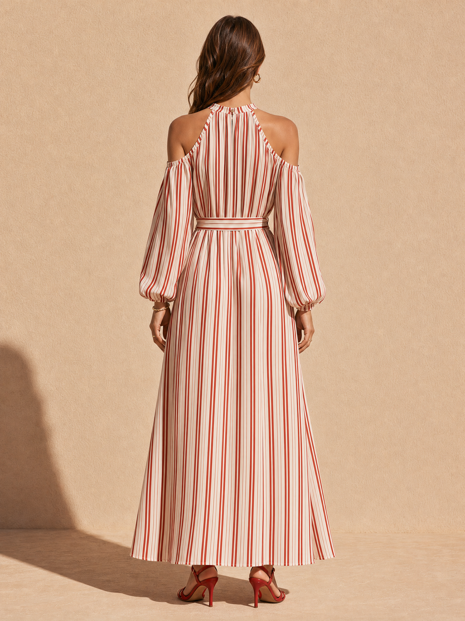Elegant Red And White Striped Long-sleeve Halter Dress