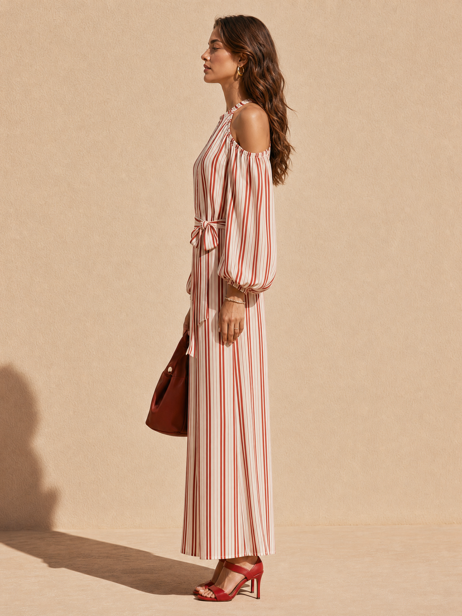 Elegant Red And White Striped Long-sleeve Halter Dress