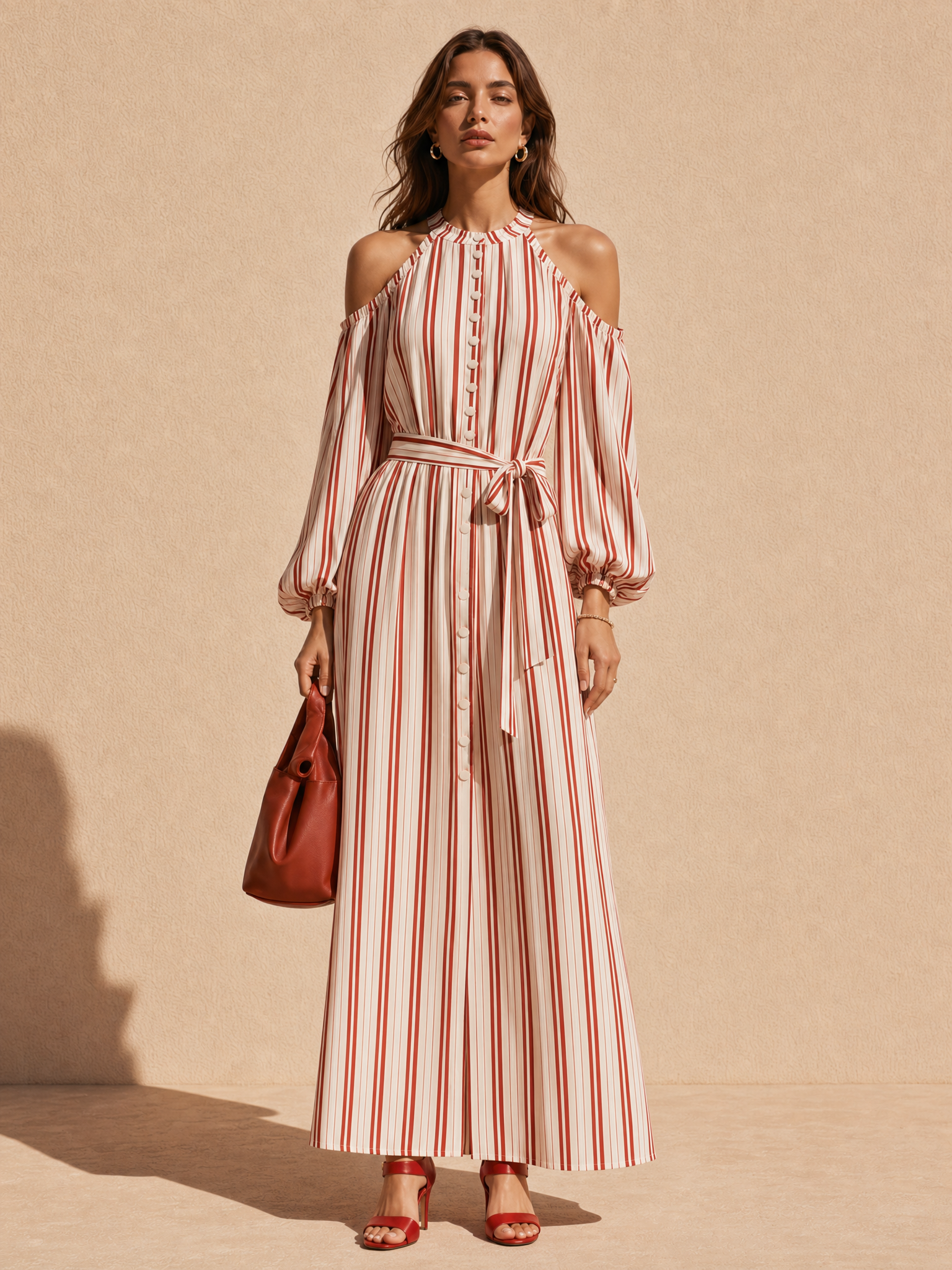 Elegant Red And White Striped Long-sleeve Halter Dress