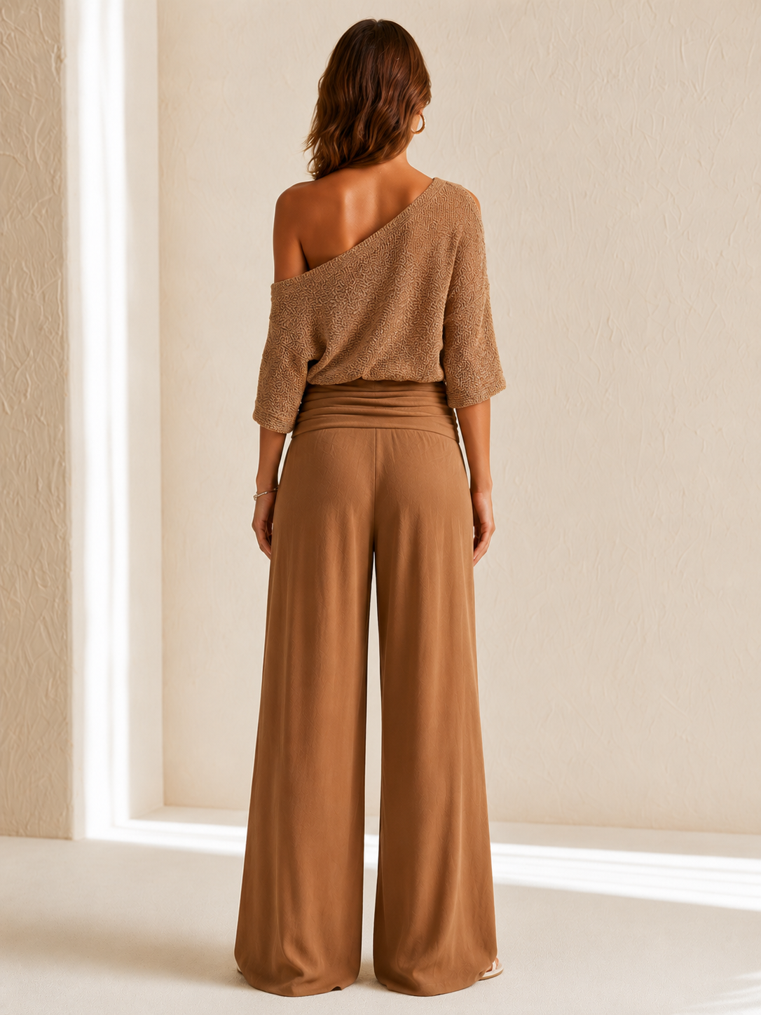 Brown Off-the-shoulder Sweater With Wooden Buttons And Linen Trousers Set