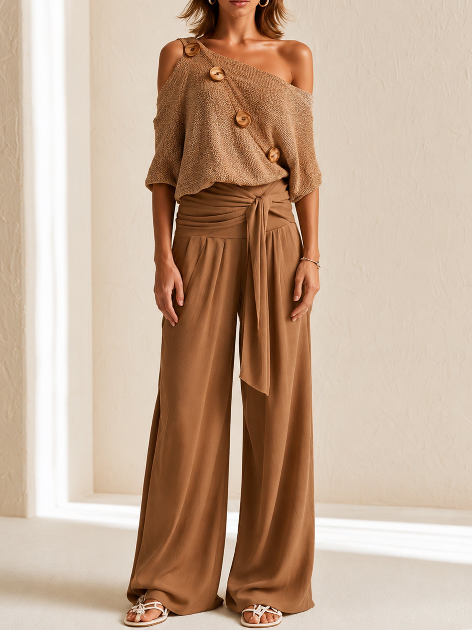 Brown Off-the-shoulder Sweater With Wooden Buttons And Linen Trousers Set