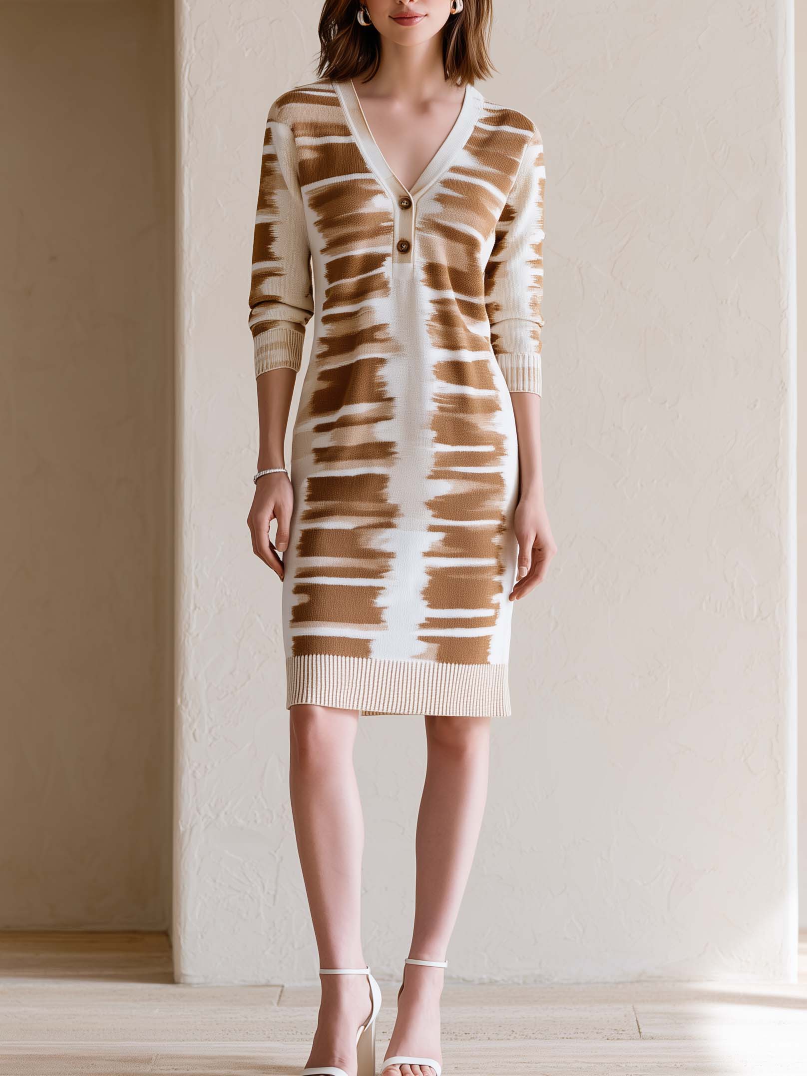 Elegant White Long-sleeved Knit Dress With A Tan Floral Pattern