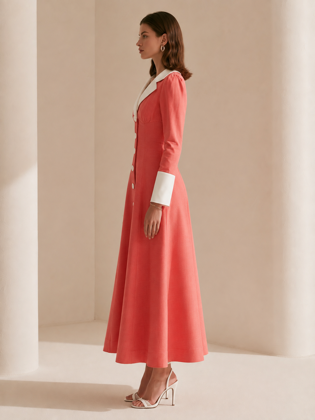 Elegant Watermelon-red Color-blocked A-line Long-sleeved Maxi Dress