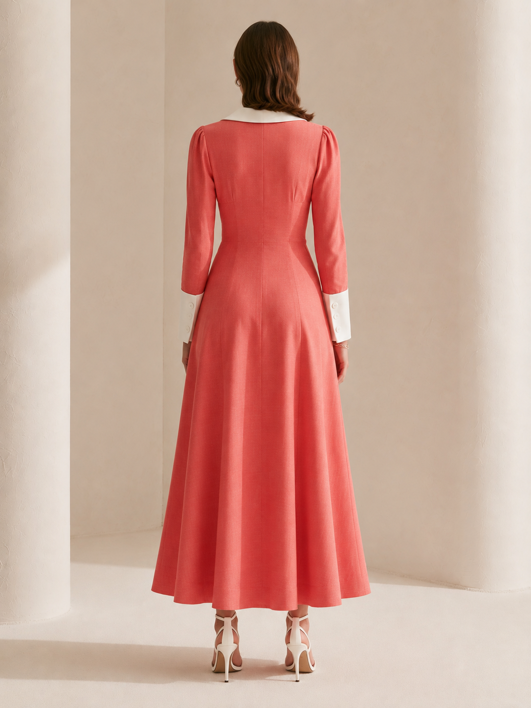 Elegant Watermelon-red Color-blocked A-line Long-sleeved Maxi Dress