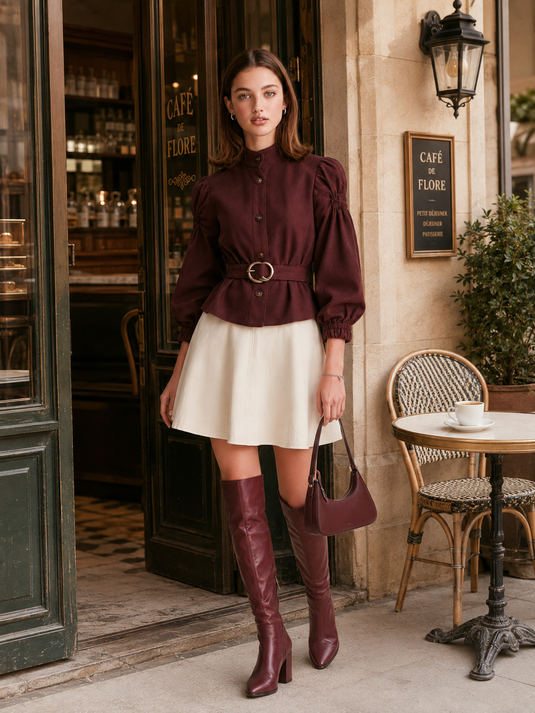 Elegant Burgundy Jacket With A Nipped-in Waist And Puff Sleeves.