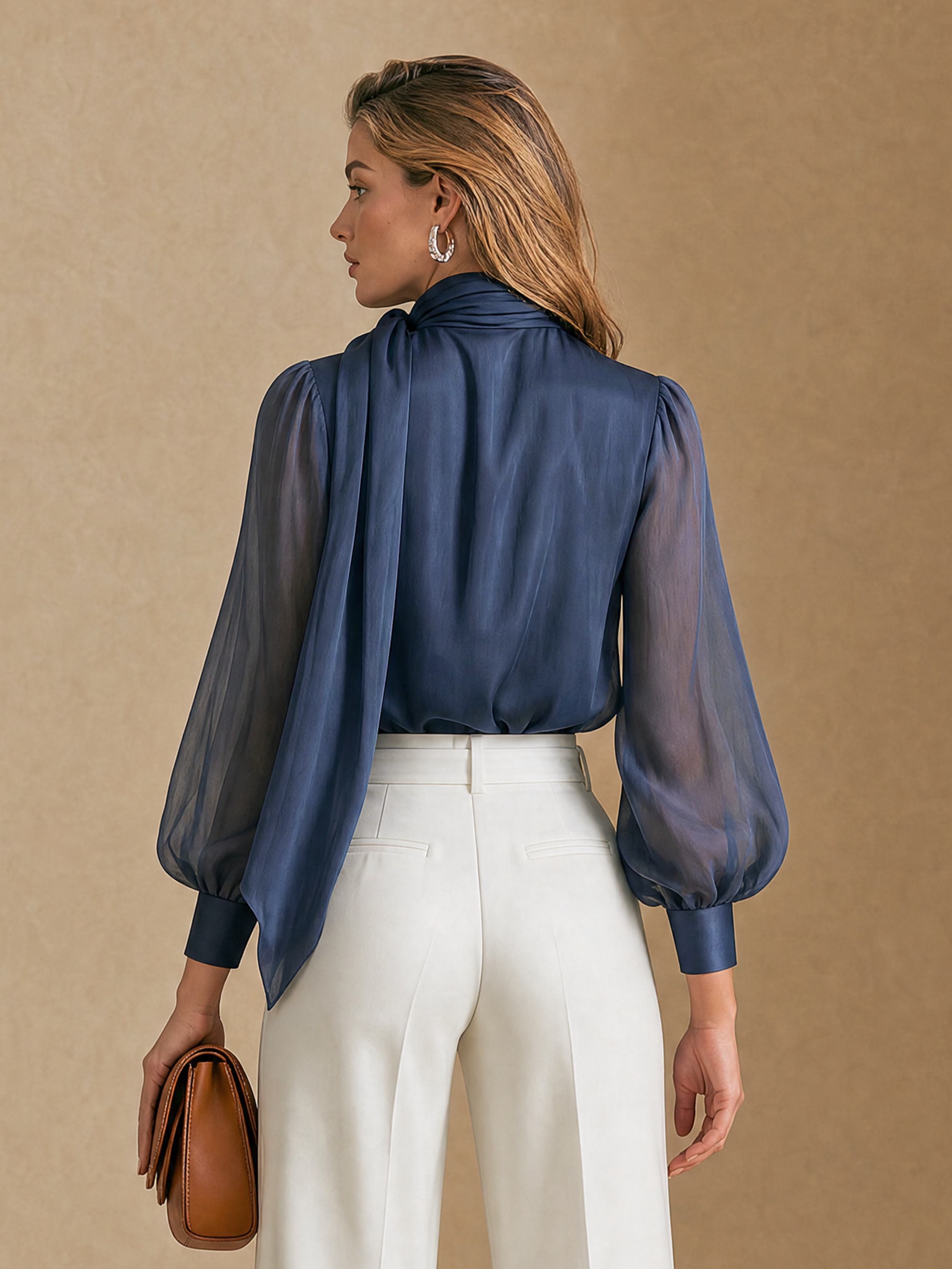 Elegant Deep Navy Chiffon Draped Neck Blouse