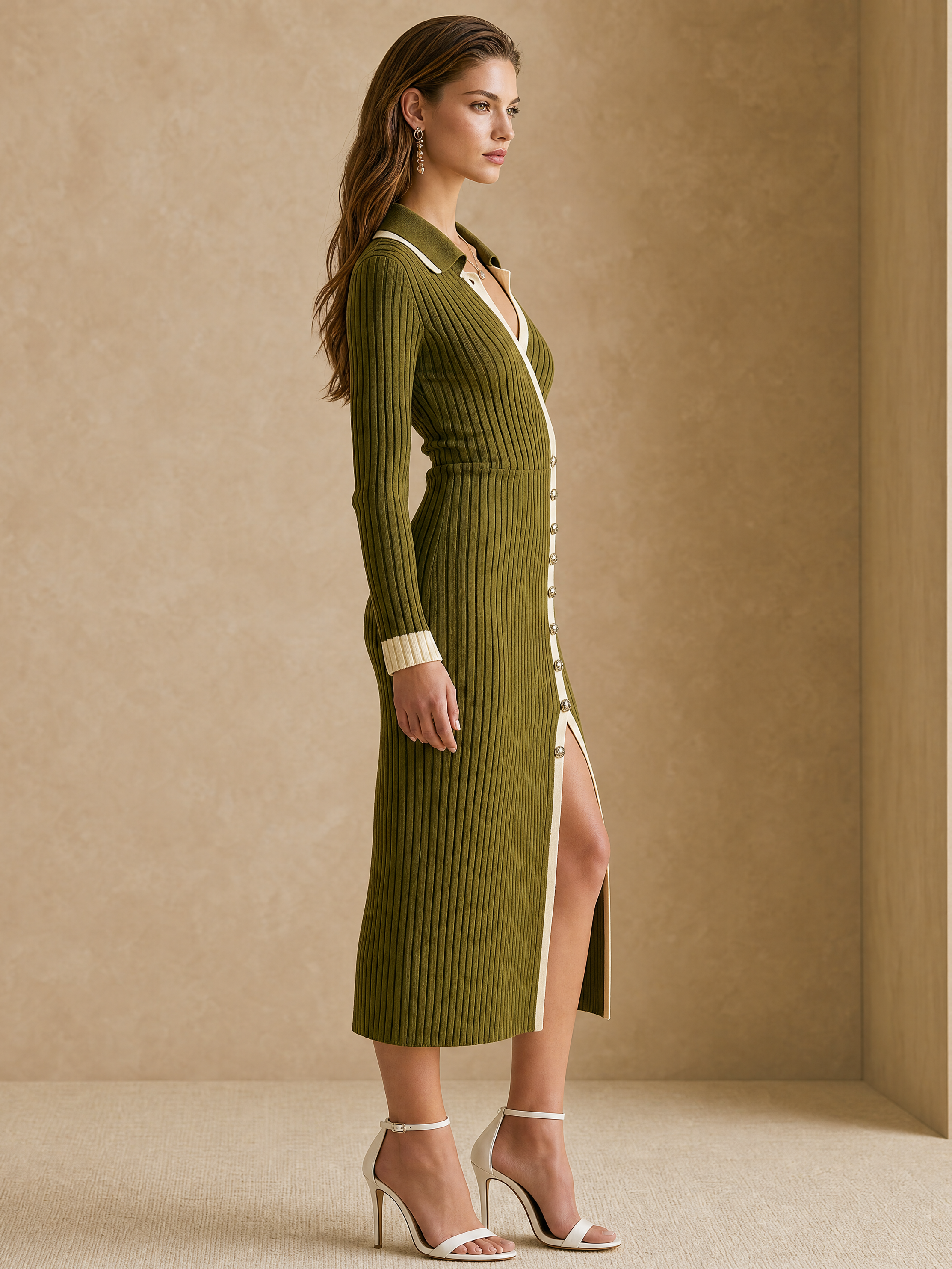 Elegant Olive Green Ribbed Knit Asymmetric Midi Dress