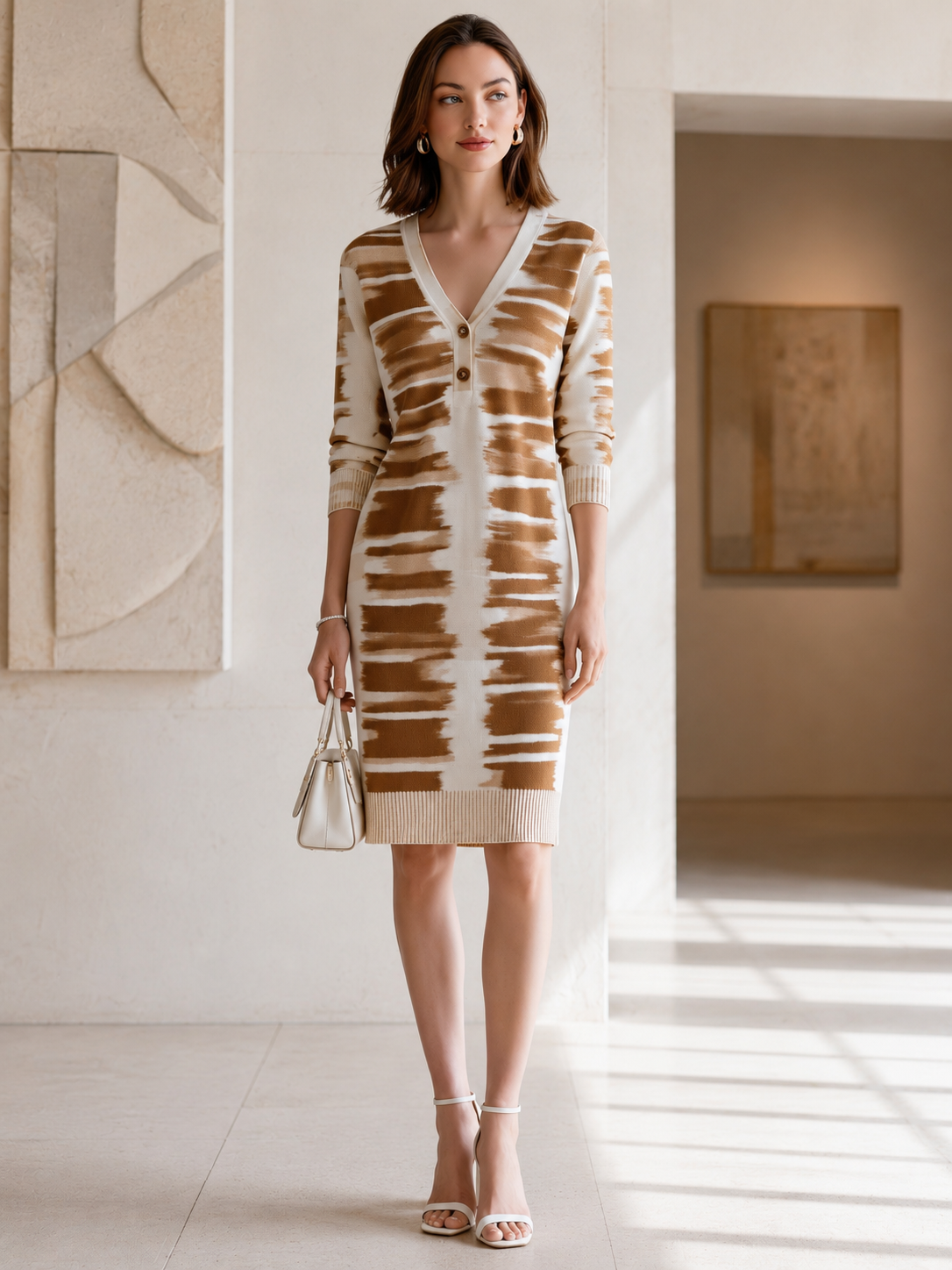 Elegant White Long-sleeved Knit Dress With A Tan Floral Pattern