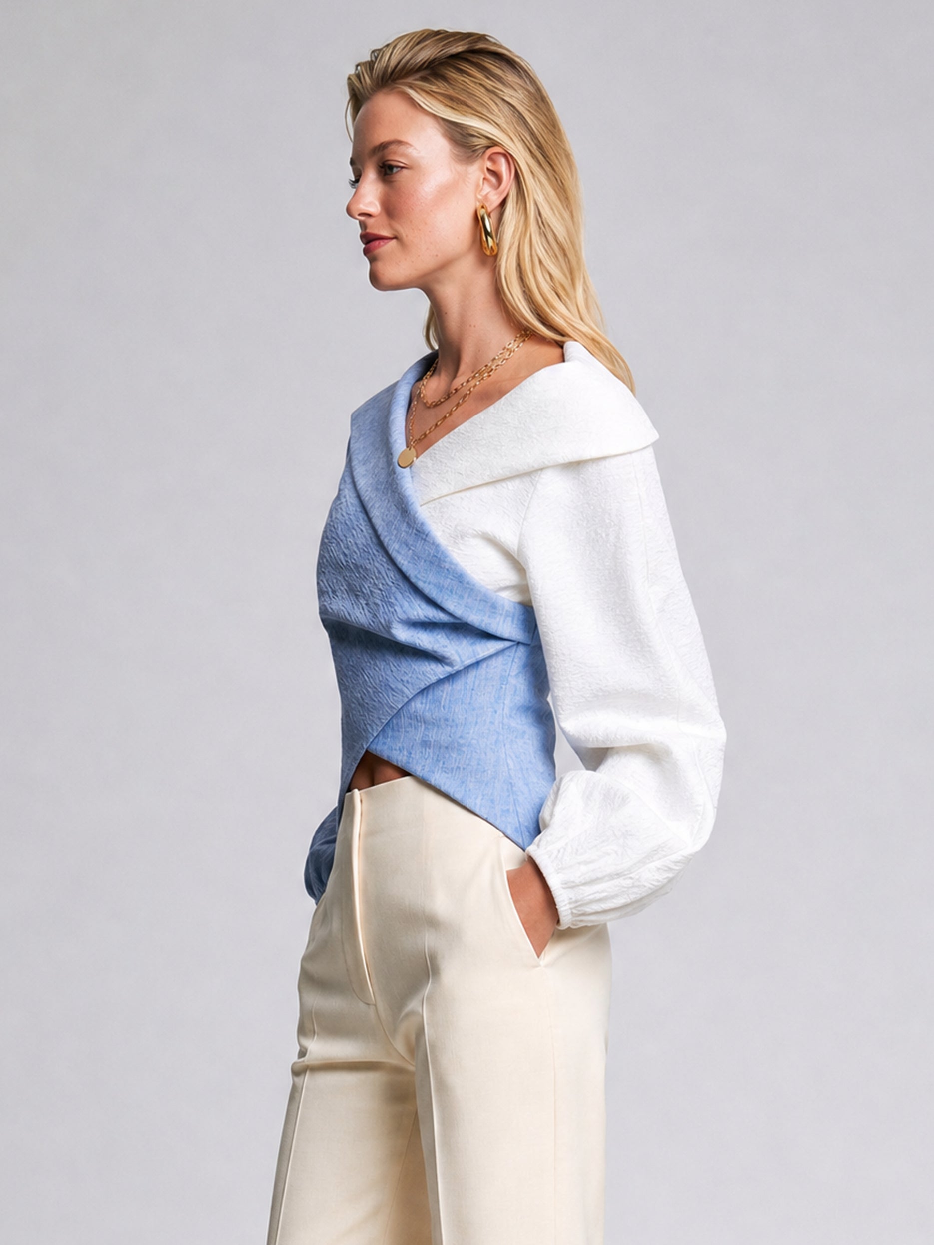 Blue & White Wraplong Long Sleeve Blouse