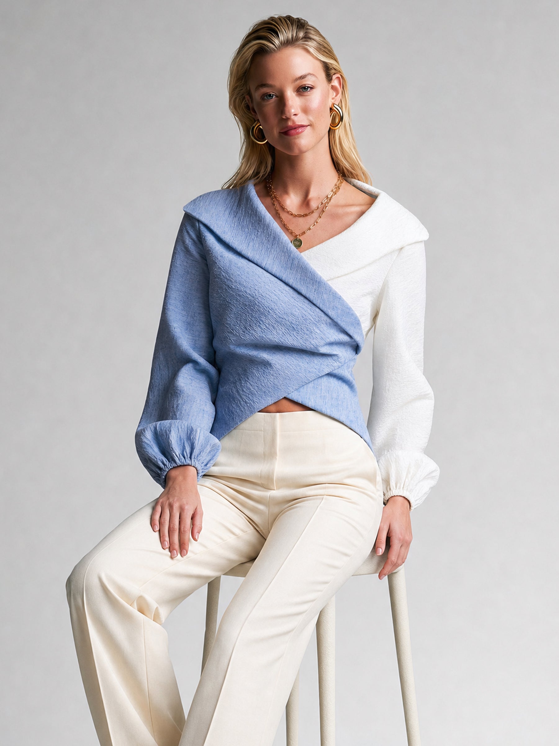Blue & White Wraplong Long Sleeve Blouse