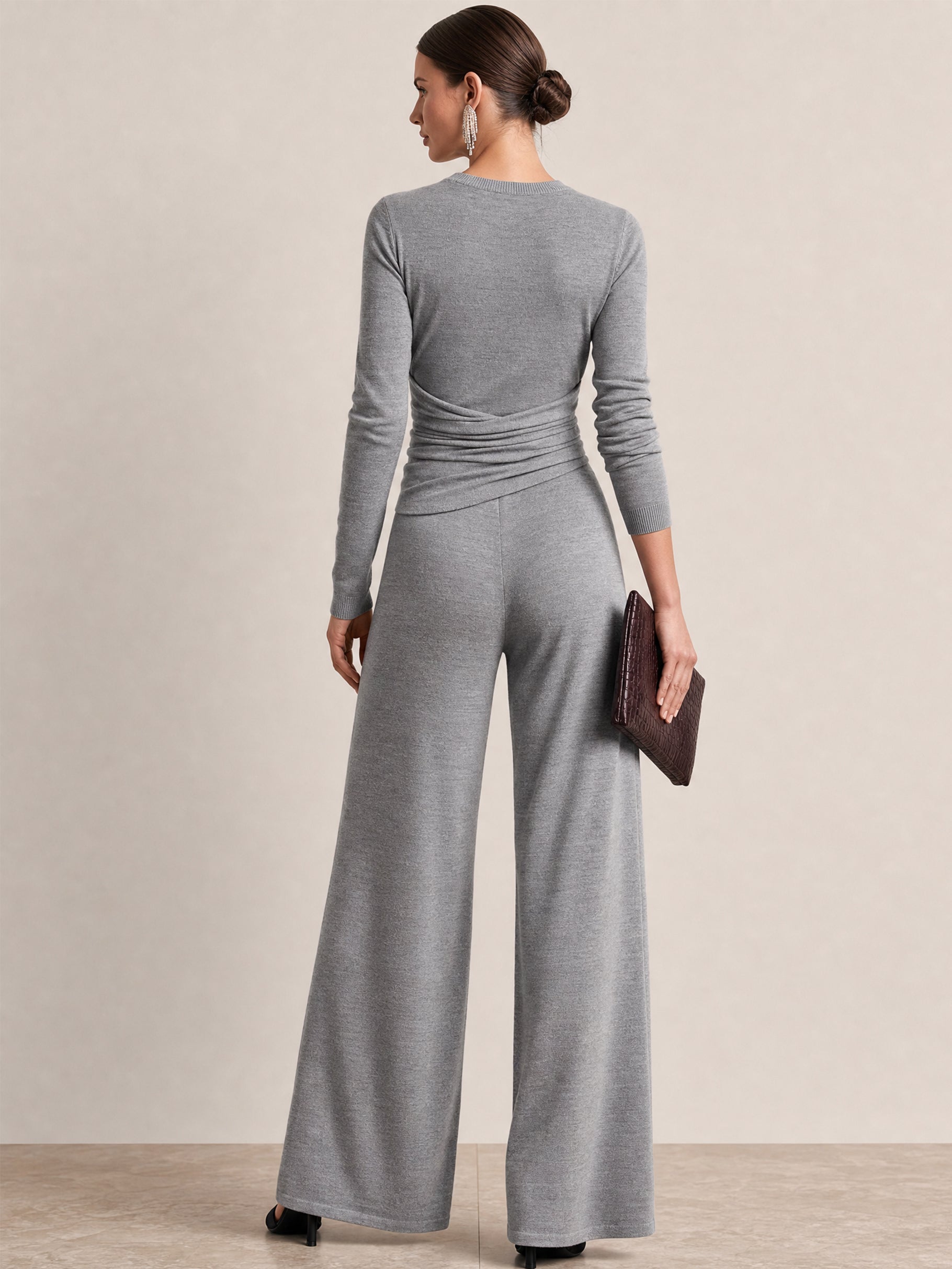 Soft Knit Long Sleeve Waist Twist Tie Top&Wide Leg Trousers Set