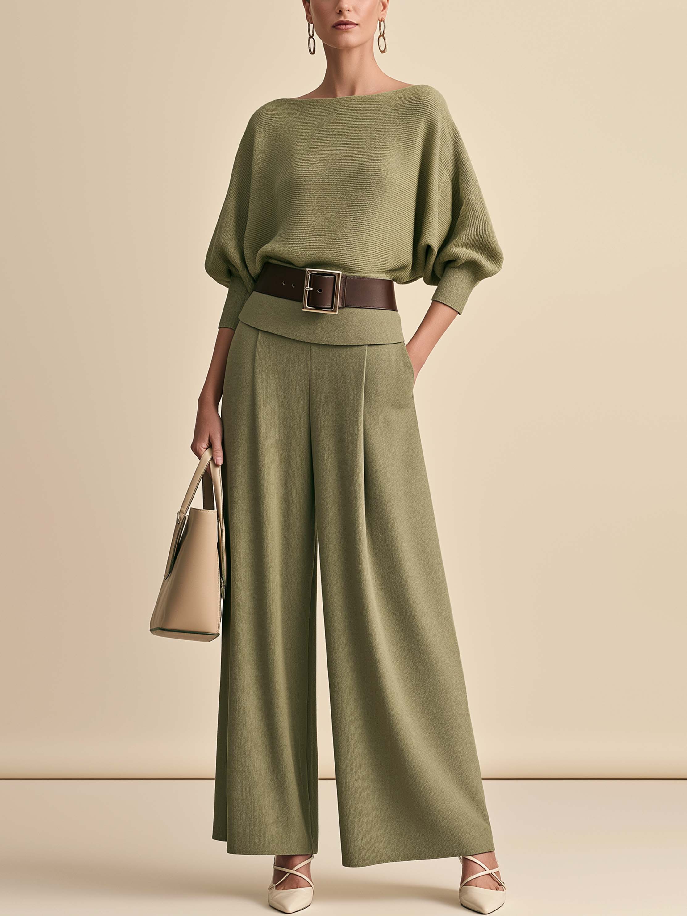 Elegant Draped Knit Olive Boat Neck Batwing Sleeve Wide‑Leg Pant Set