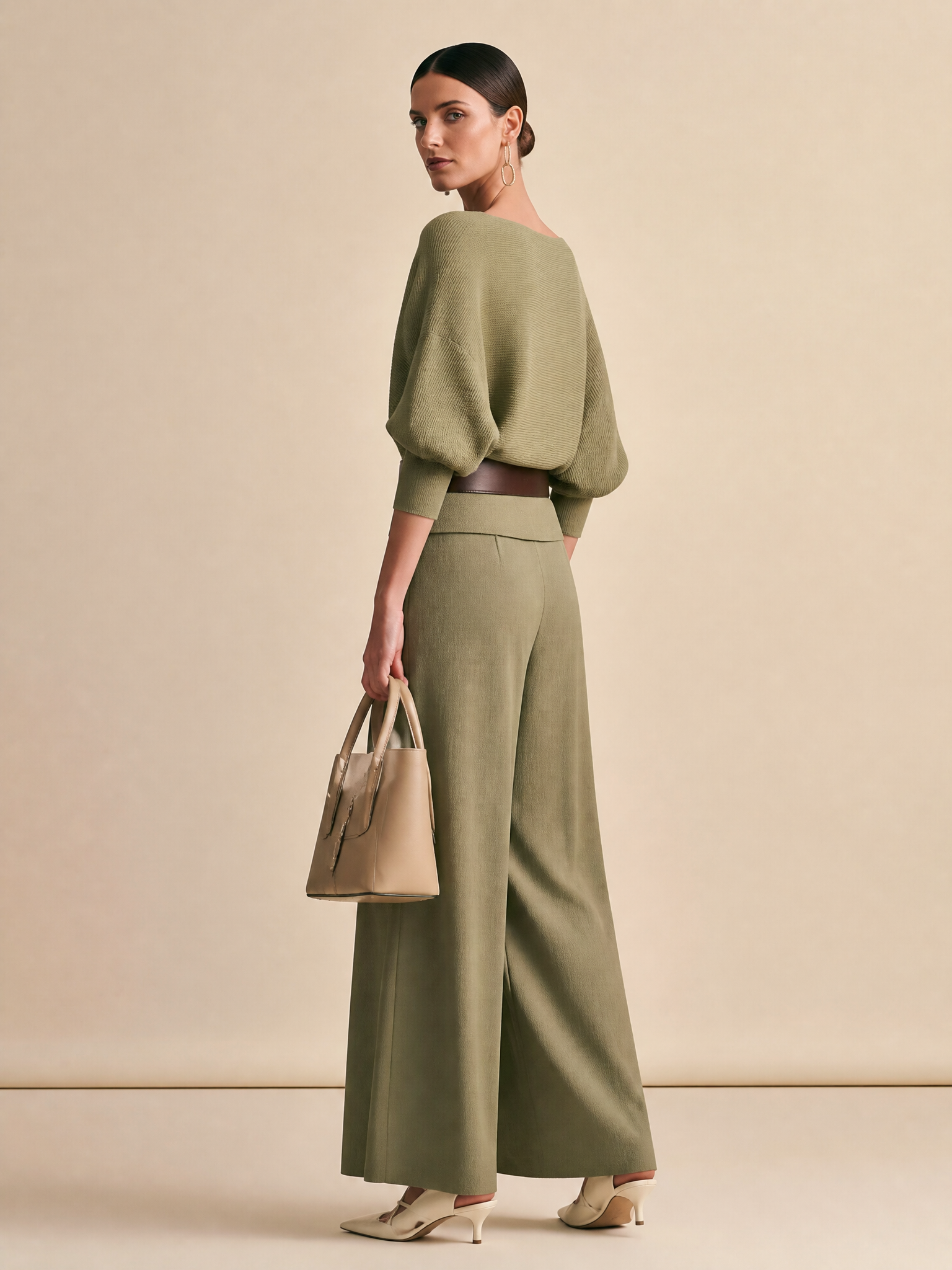 Elegant Draped Knit Olive Boat Neck Batwing Sleeve Wide‑Leg Pant Set