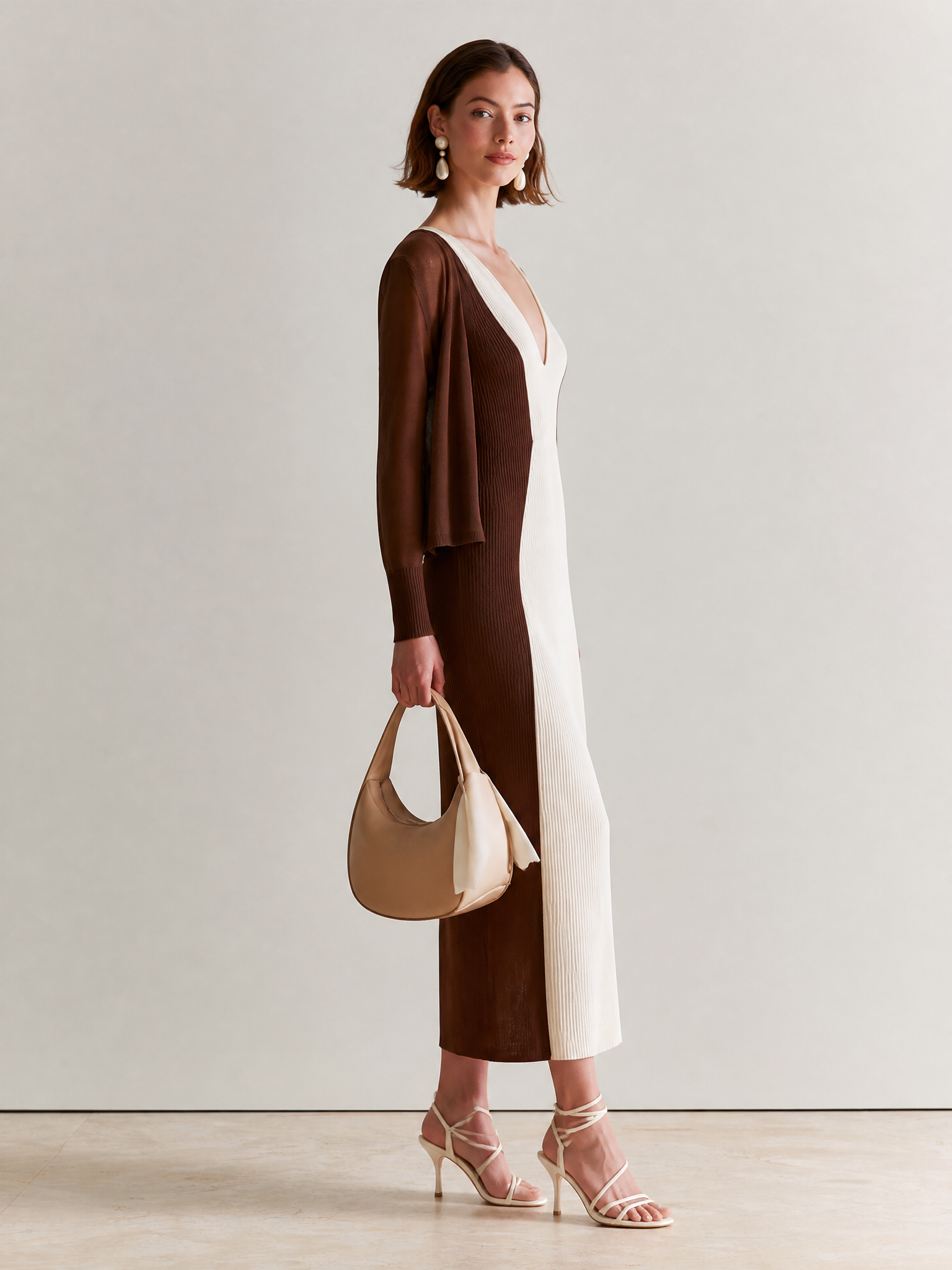Elegant Relaxed Knit Brown‑White Color‑Block V‑Neck Midi Dress Set