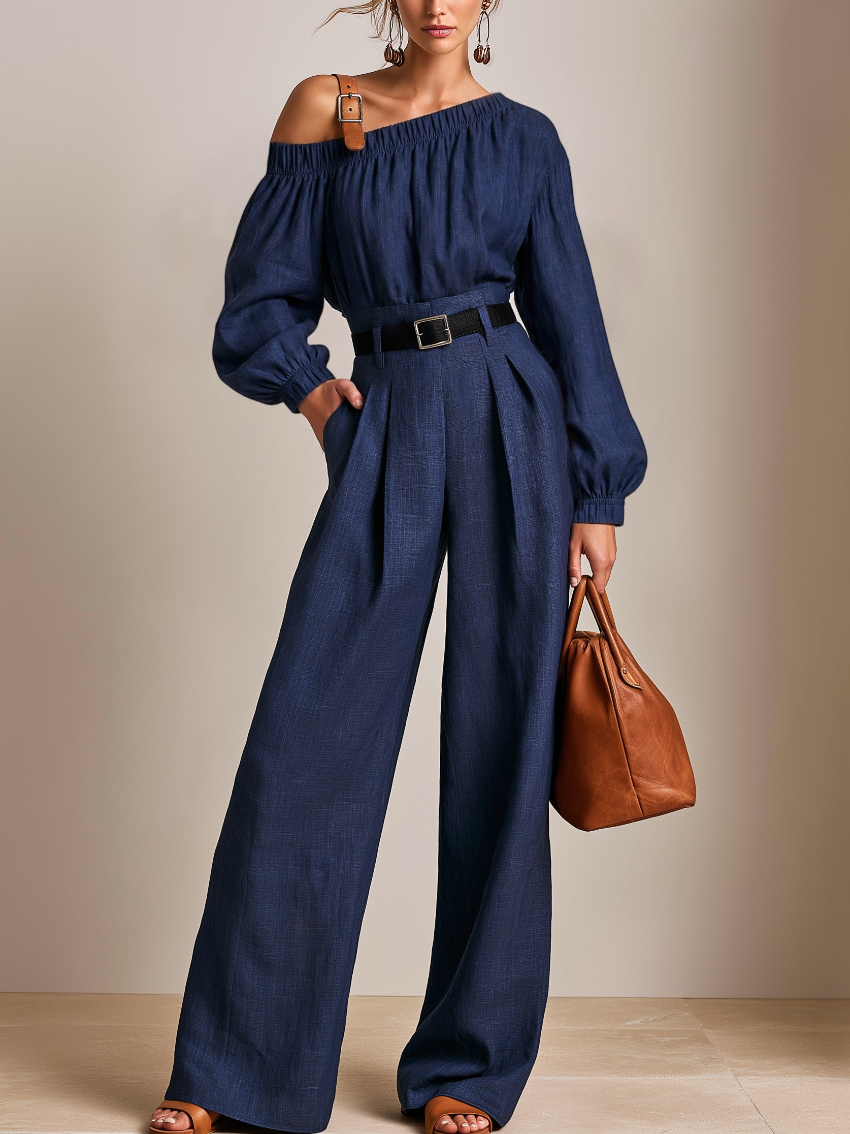 Elegant Relaxed Linen Navy One‑Shoulder Lantern‑Sleeve Wide‑Leg Pant Set