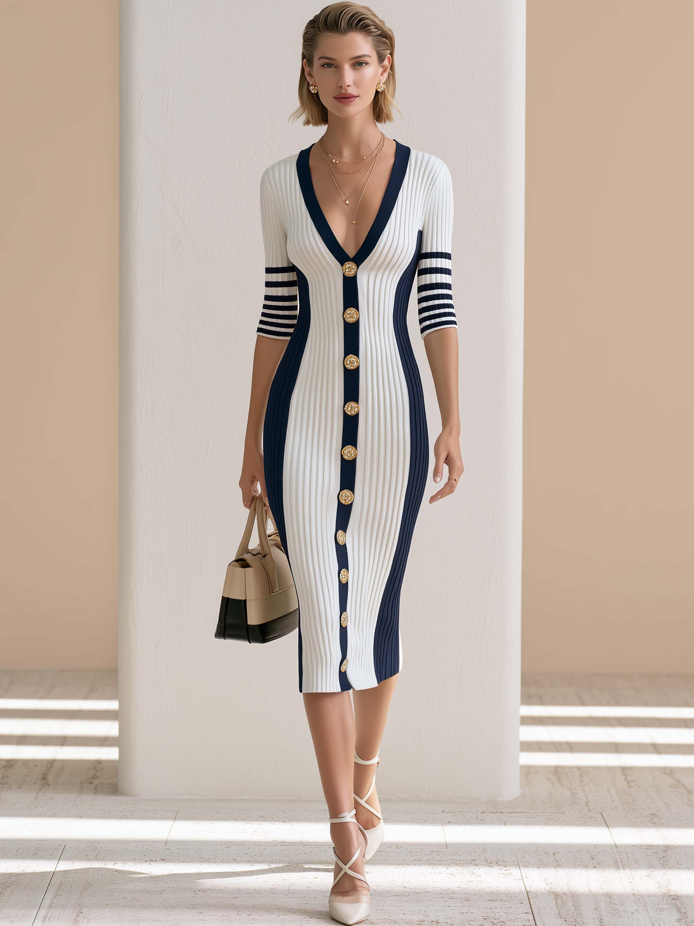 Elegant Relaxed Knit Navy‑White Color‑Block V‑Neck Midi Bodycon Dress