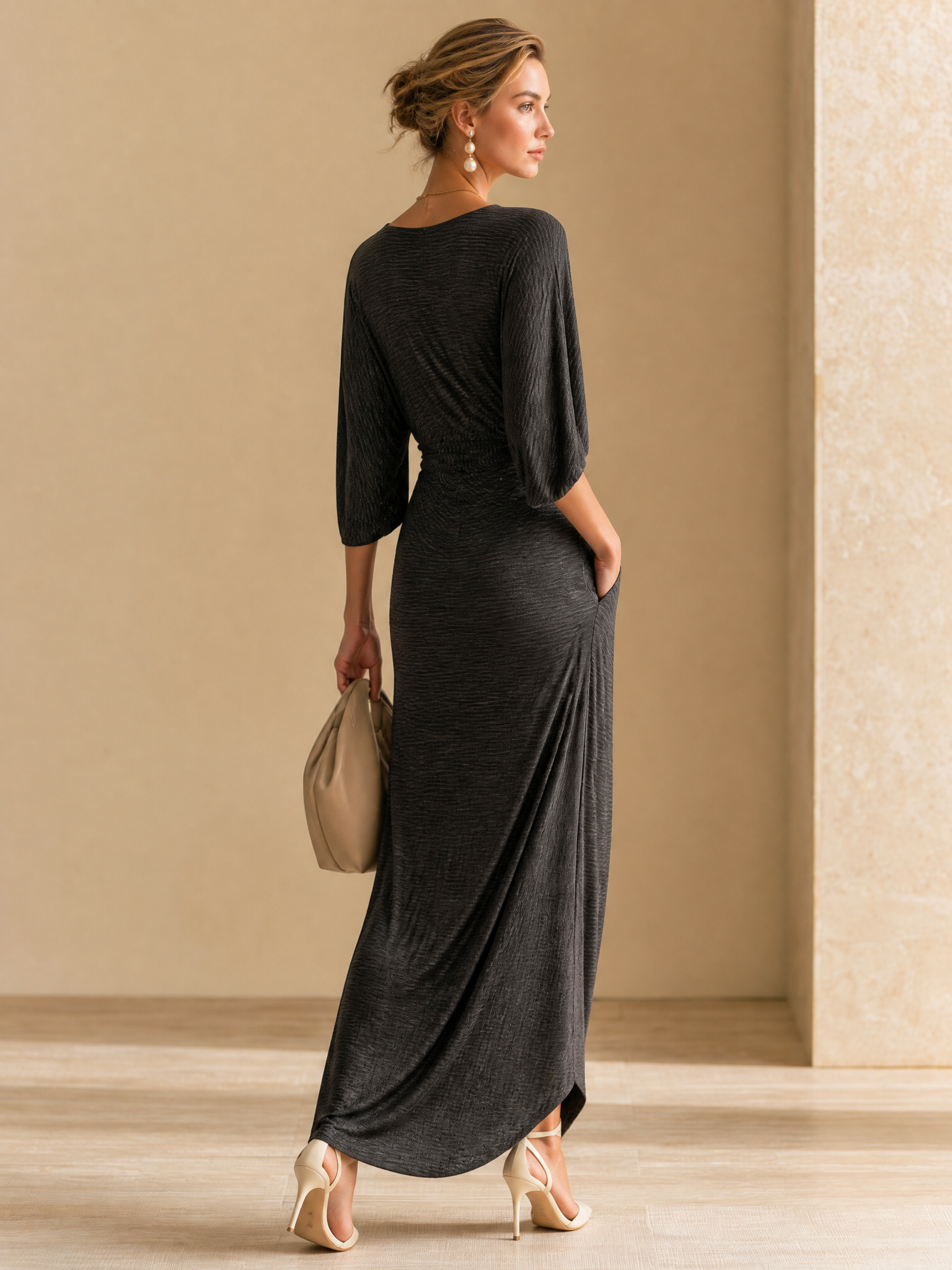 Elegant Deep V-Neck Twist Knot Ribbed Maxi Dress