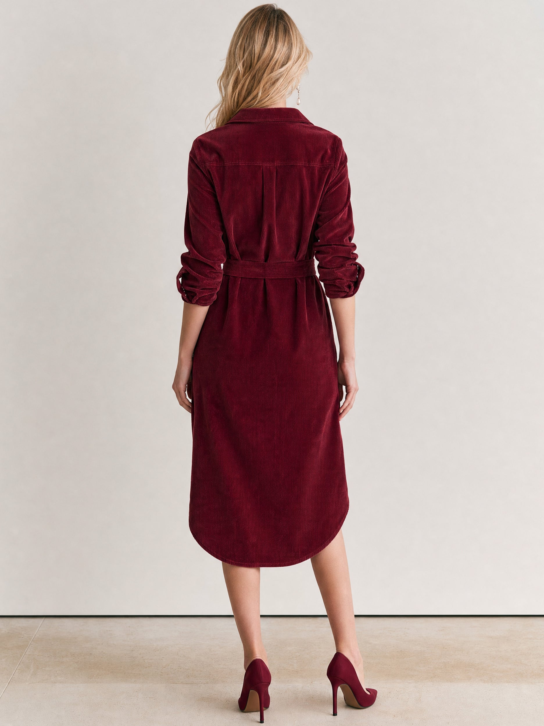 Cotton Burgundy Shirt Midi Dress With Self-Tie Waist Belt