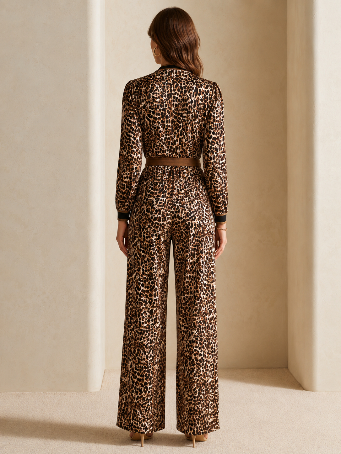 Elegant Long-Sleeve Leopard Print Jumpsuit With Piping Detail