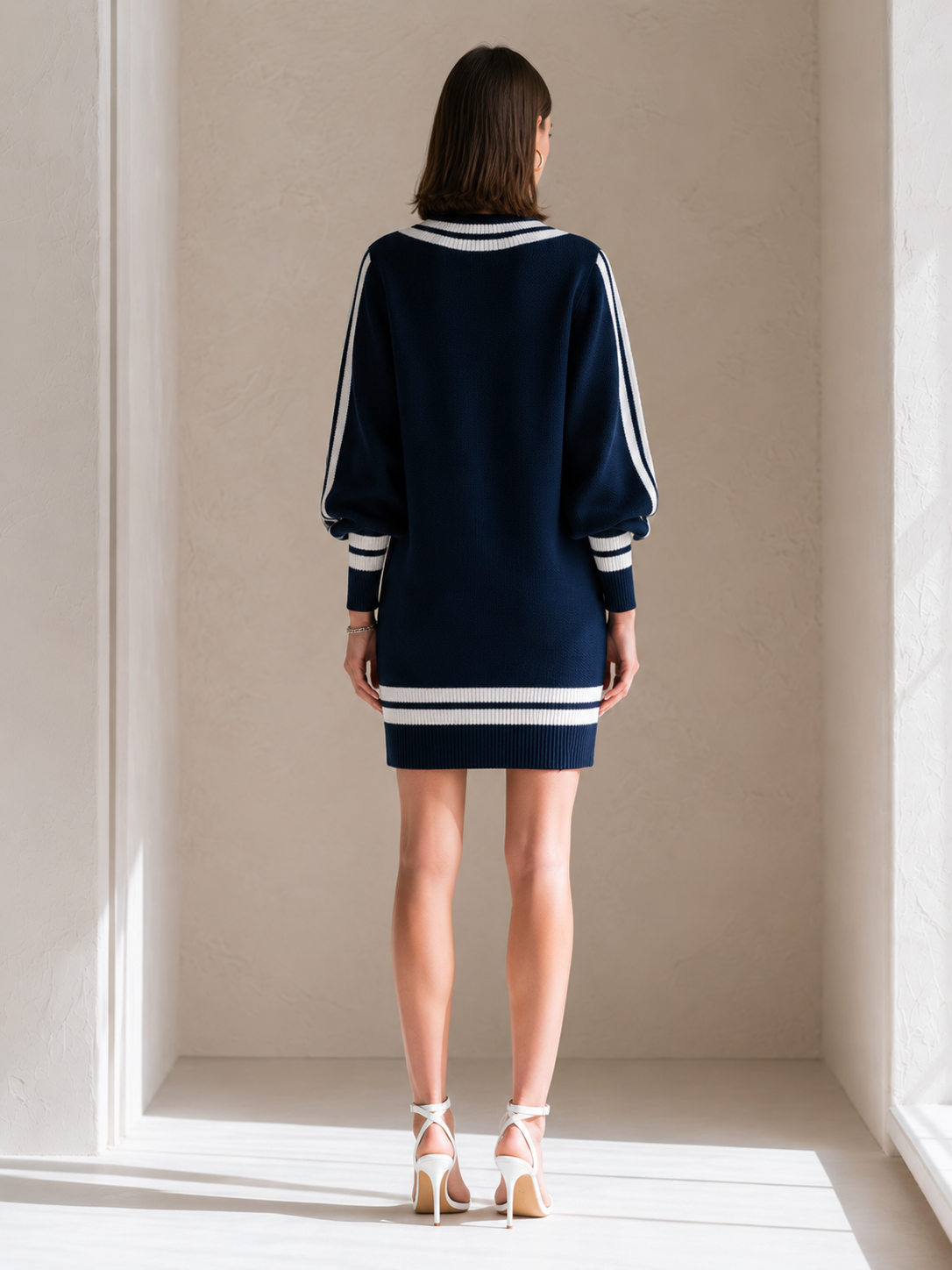 Navy Blue Oversized Knit Top With White Stripe Detailing