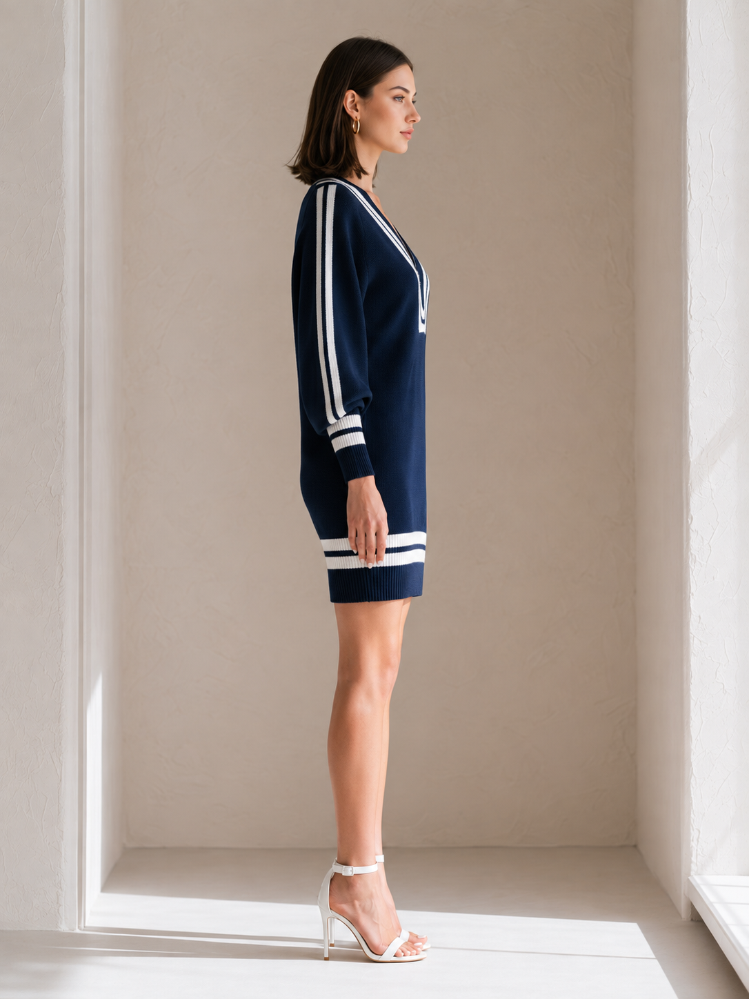 Navy Blue Oversized Knit Top With White Stripe Detailing