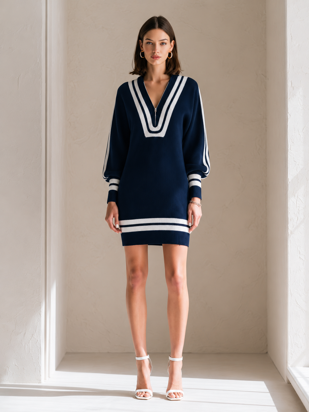 Navy Blue Oversized Knit Top With White Stripe Detailing
