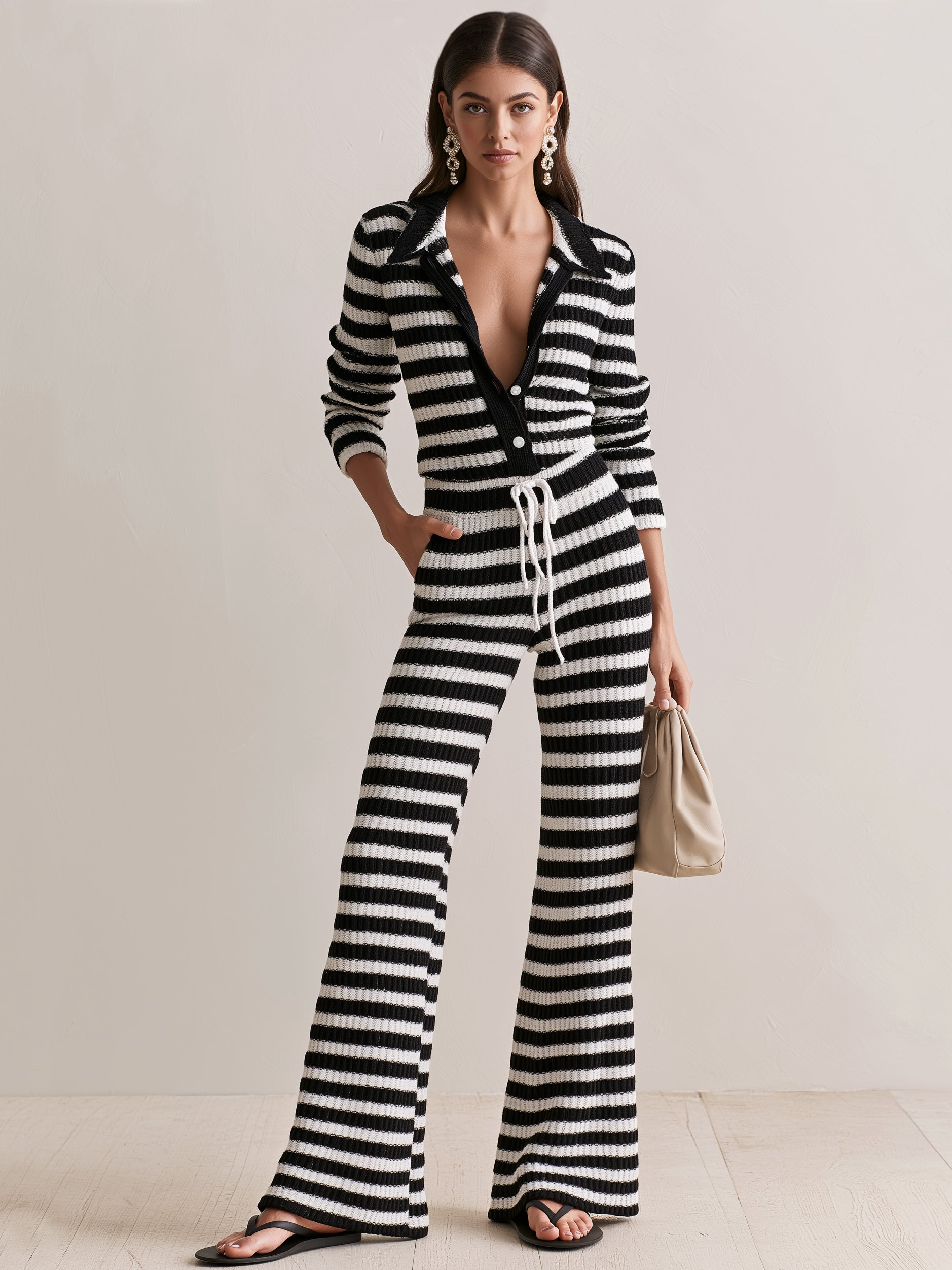 Black & White Striped Knit Shirt & Drawstring Flare Pants Set