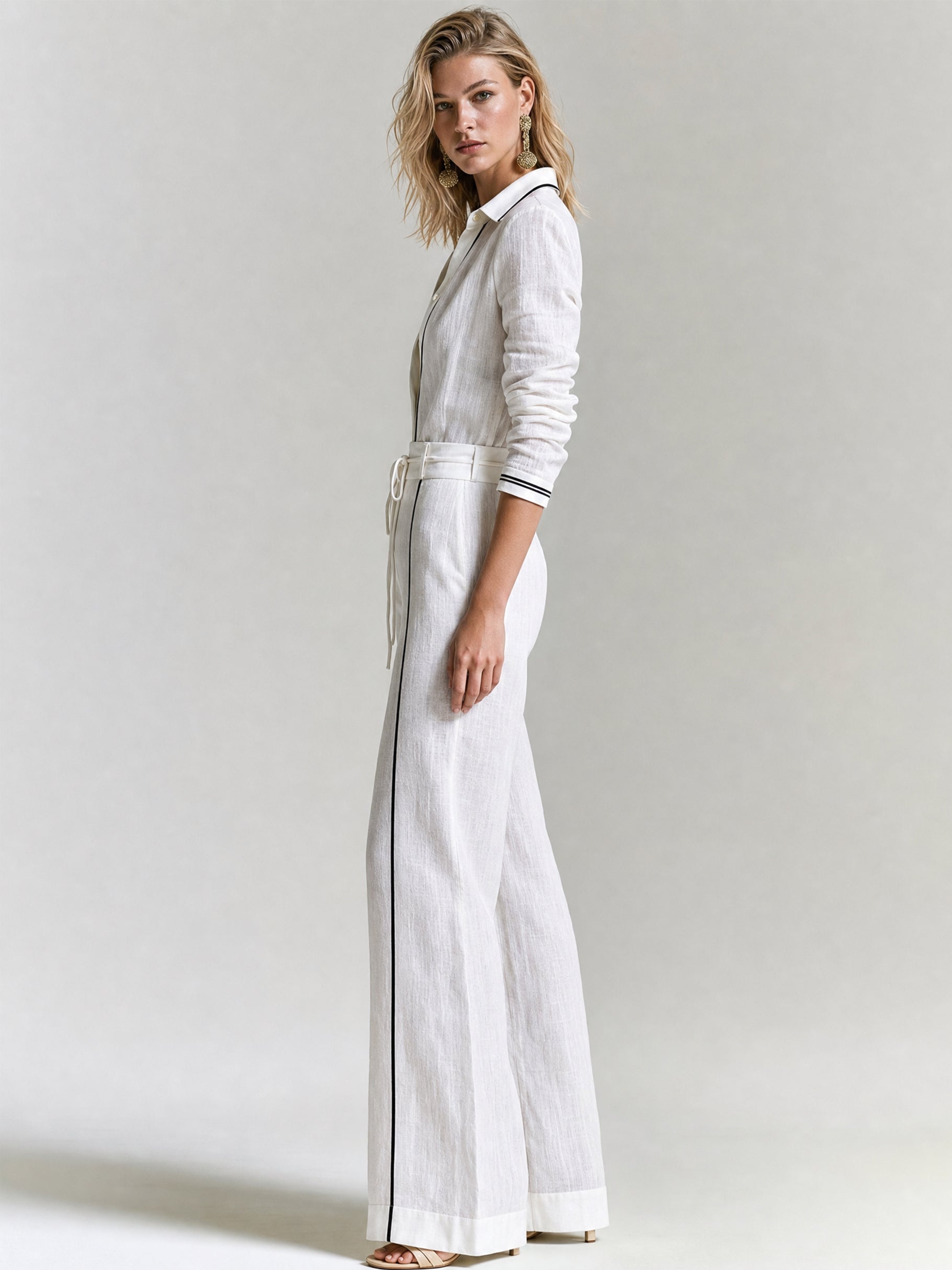 Cotton White Contrast Piping Shirt & High Waist Flare Pants Set