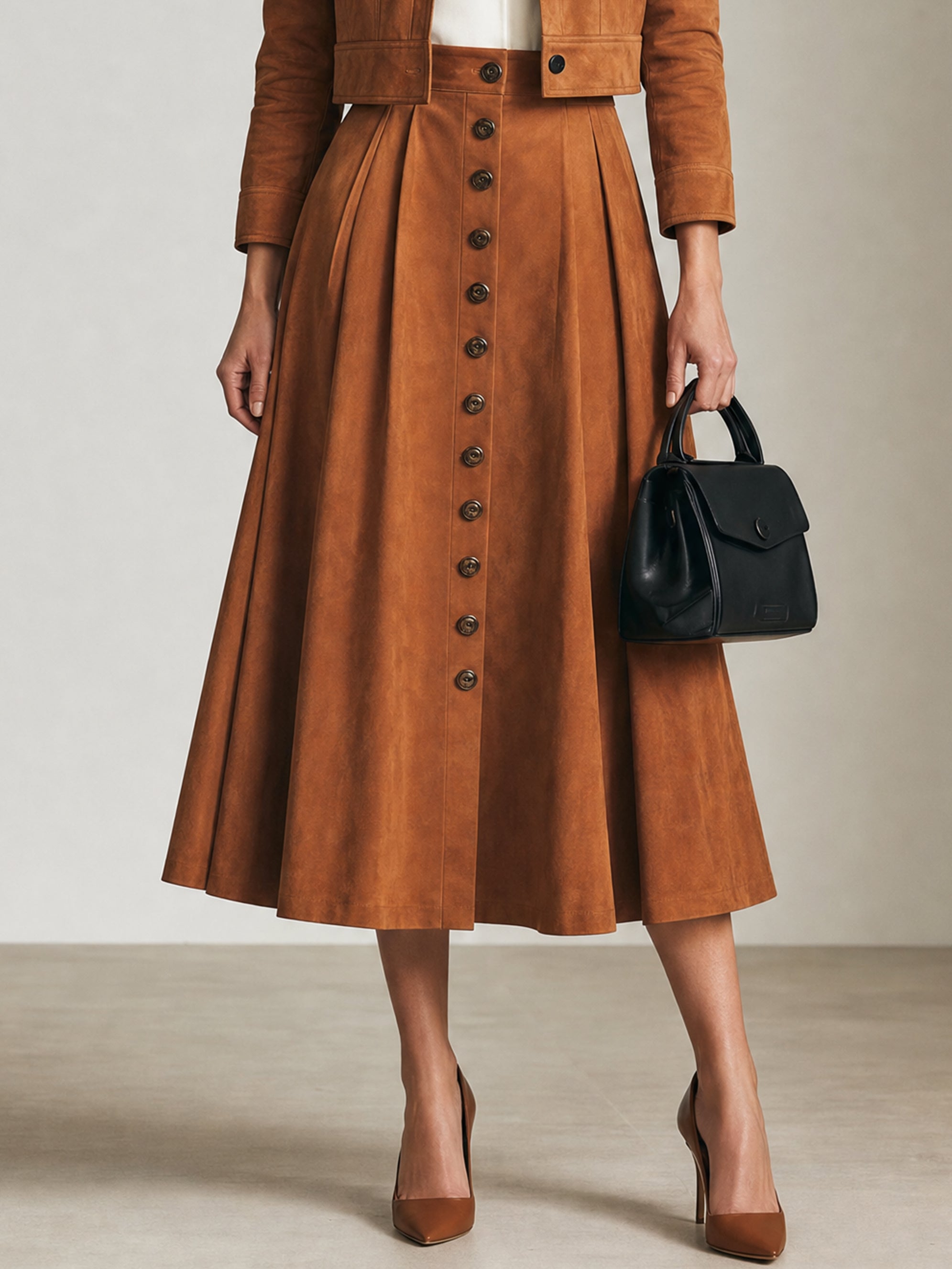 Camel High Waist Button Front Pleated Midi Skirt