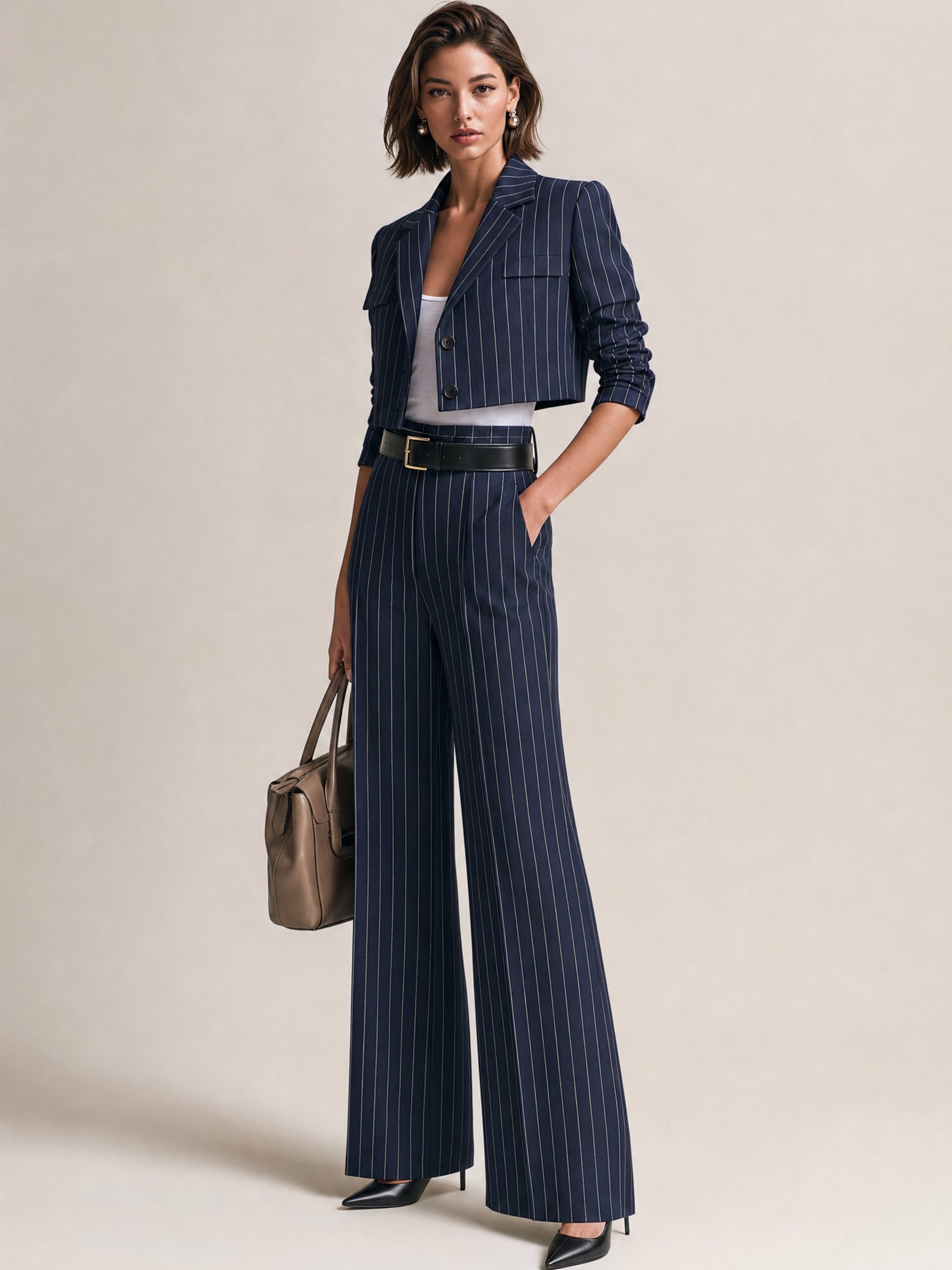 Navy Pinstripe Blazer & High Waist Wide Leg Trouser Suit