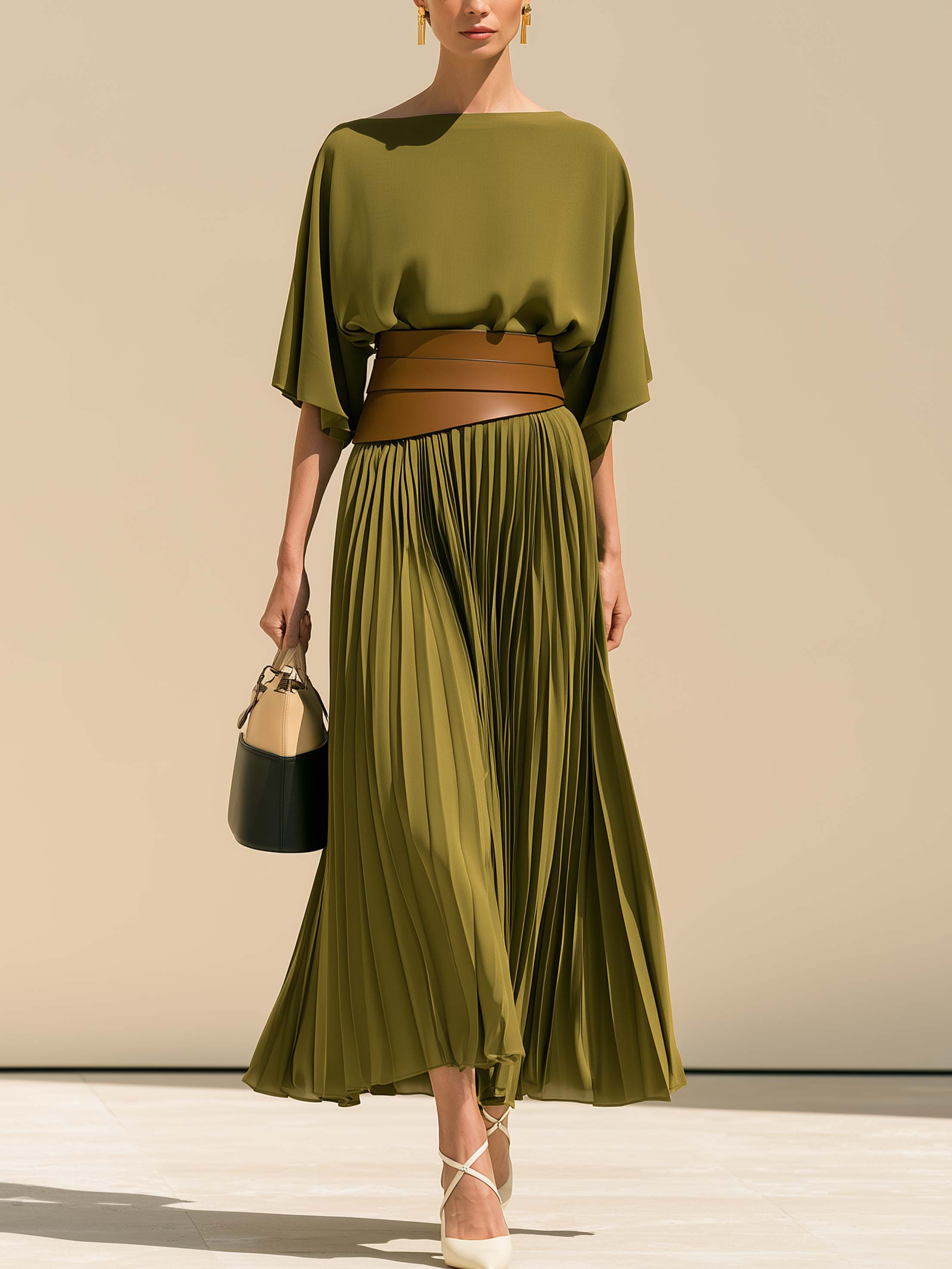 Elegant Olive Boat Neck Batwing Sleeve Pleated Midi Two-Piece Set