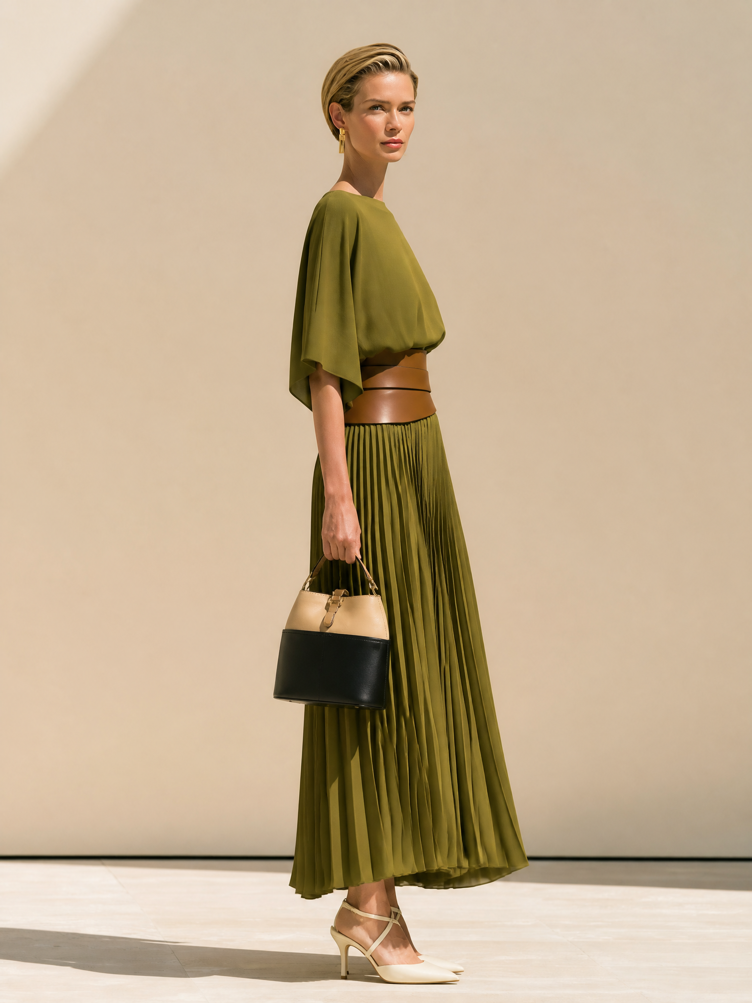 Elegant Olive Boat Neck Batwing Sleeve Pleated Midi Two-Piece Set