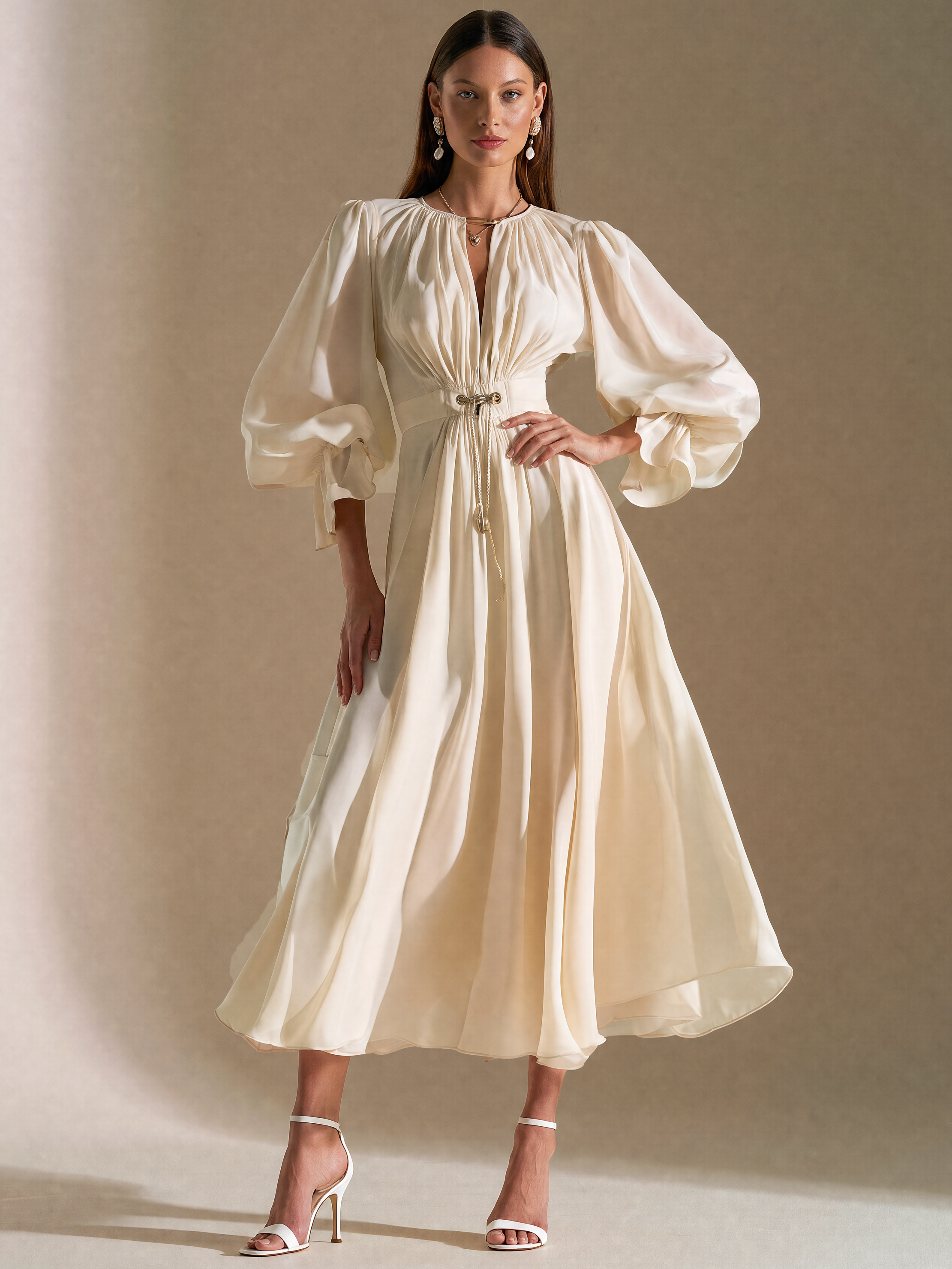 Elegant White Chiffon Waterdrop Neck Long Sleeve Midi Dress