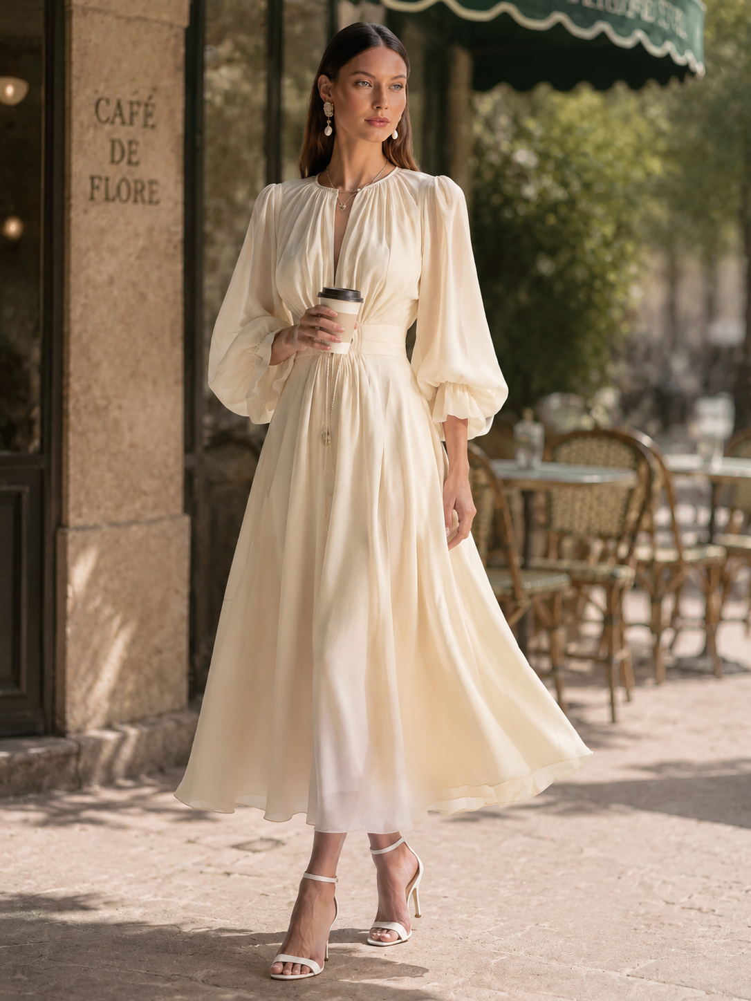Elegant White Chiffon Waterdrop Neck Long Sleeve Midi Dress