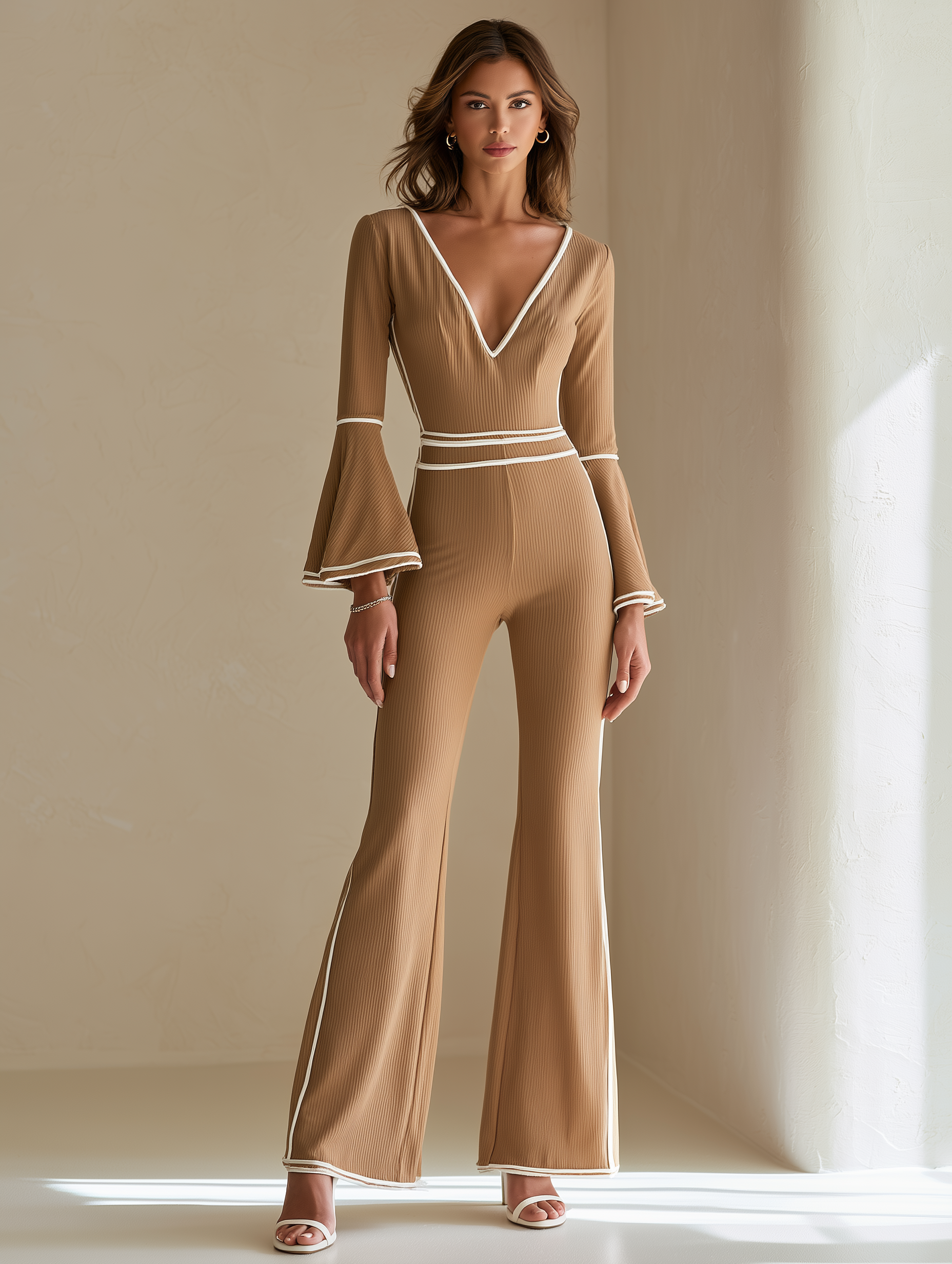 Elegant Khaki Knitted V-neck Bodysuit With Flared Sleeves And Striped Detailing.
