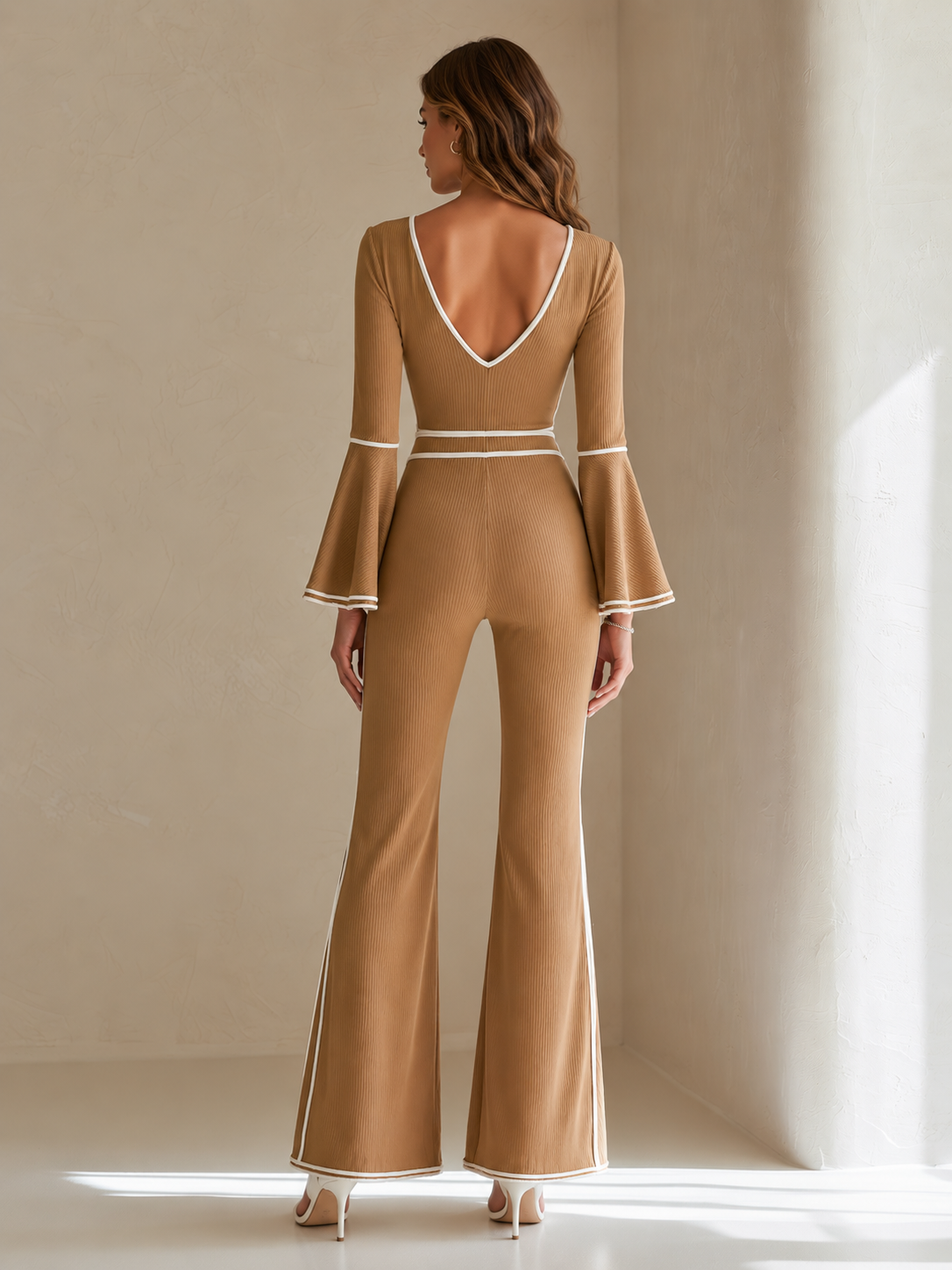 Elegant Khaki Knitted V-neck Bodysuit With Flared Sleeves And Striped Detailing.