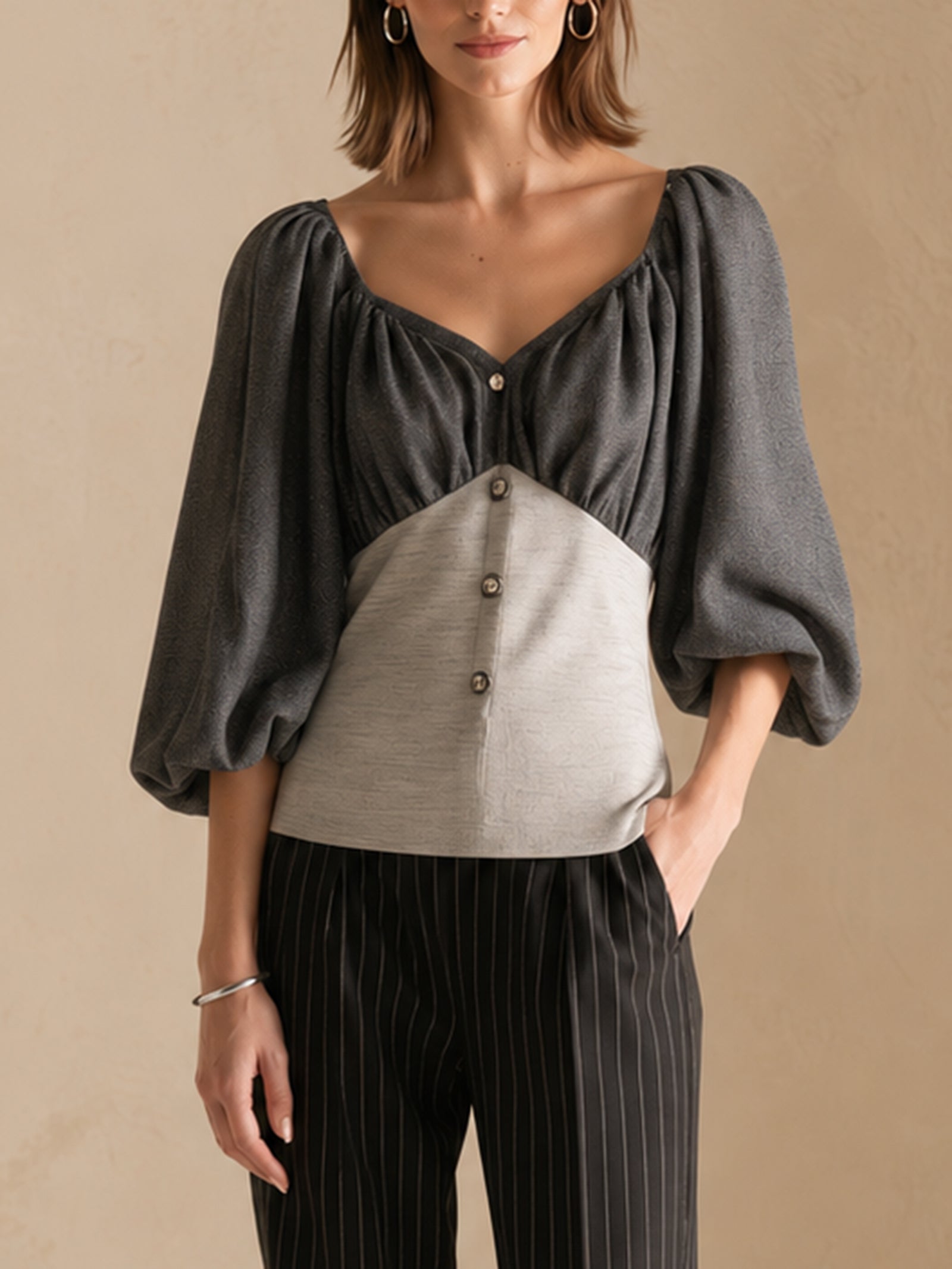 Elegant Grey Color-block V-neck Puff-sleeve Top
