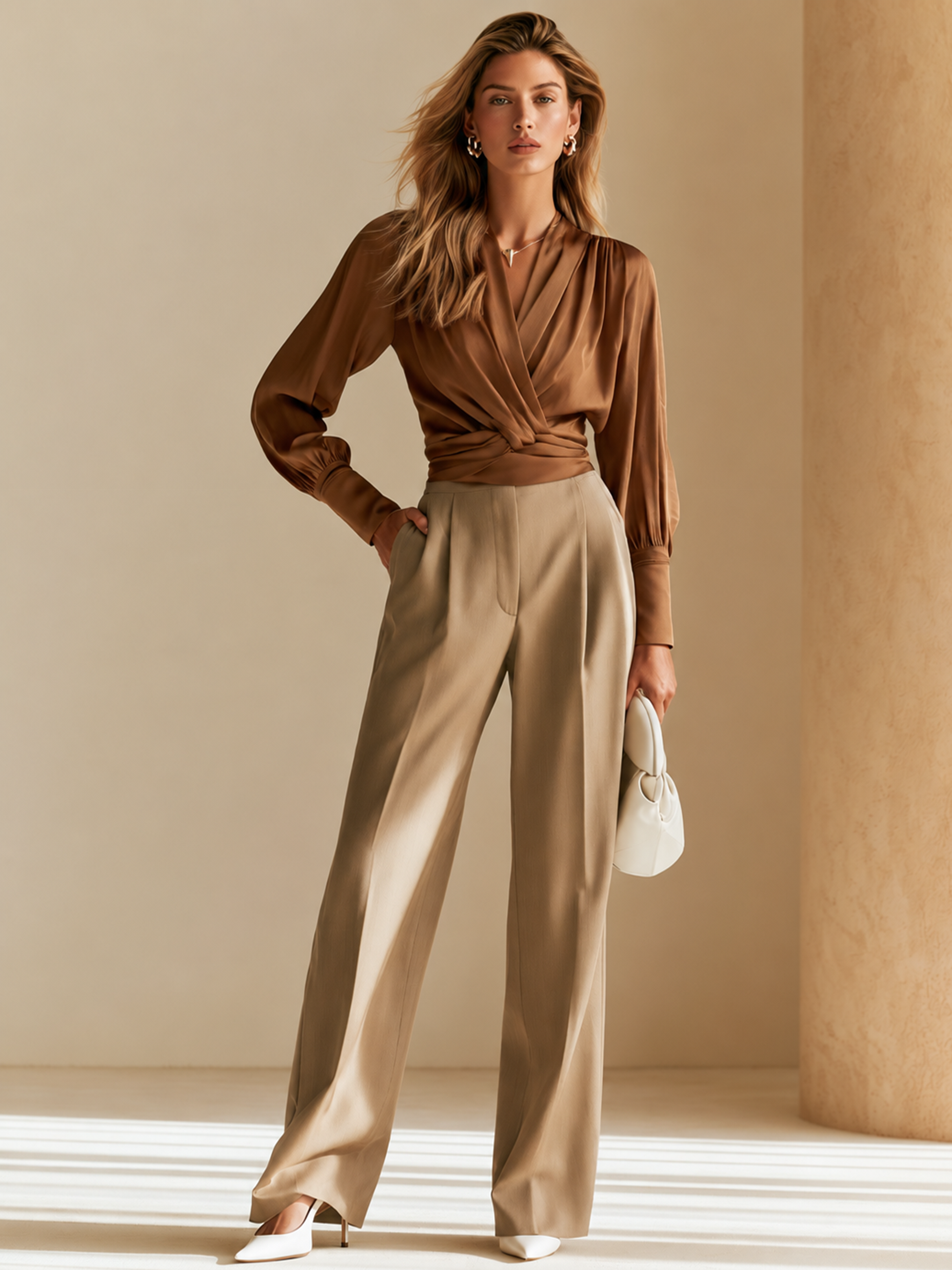 Elegant Brown Wrap V-Neck Blouse & Tailored Pants Set