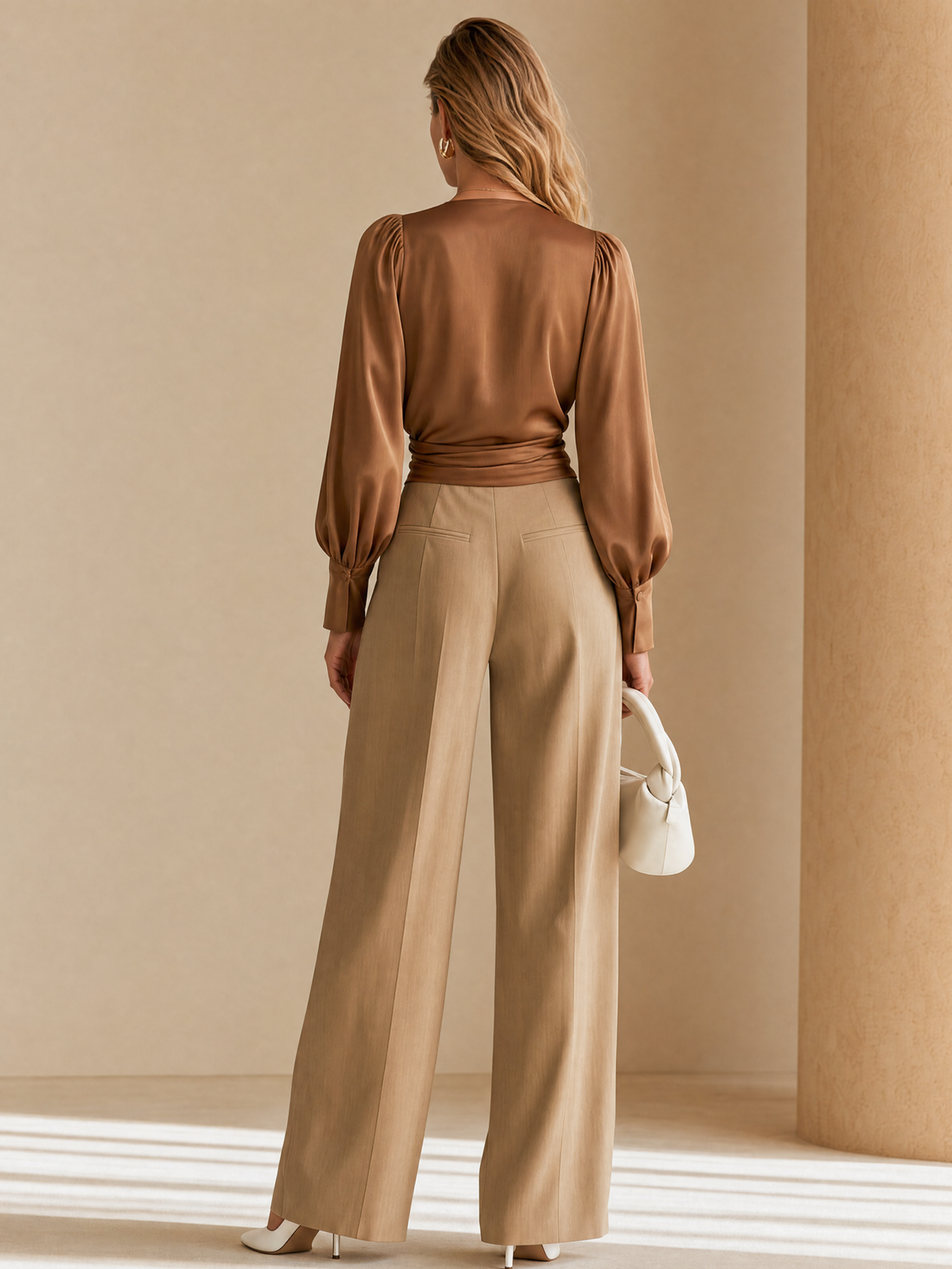 Elegant Brown Wrap V-Neck Blouse & Tailored Pants Set