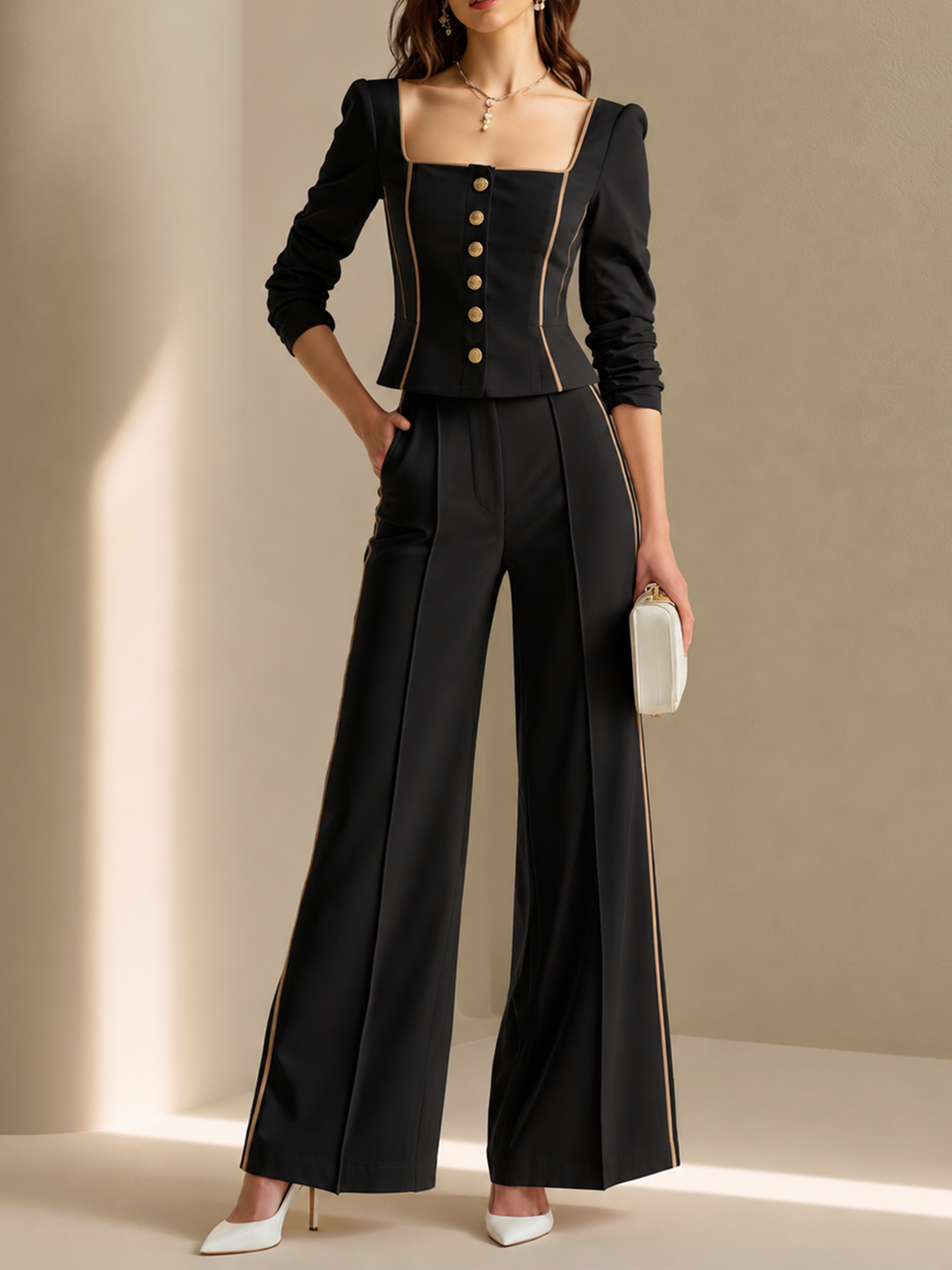 Elegant Black Contrast Piping Square Neck Top & Wide Leg Pants Set