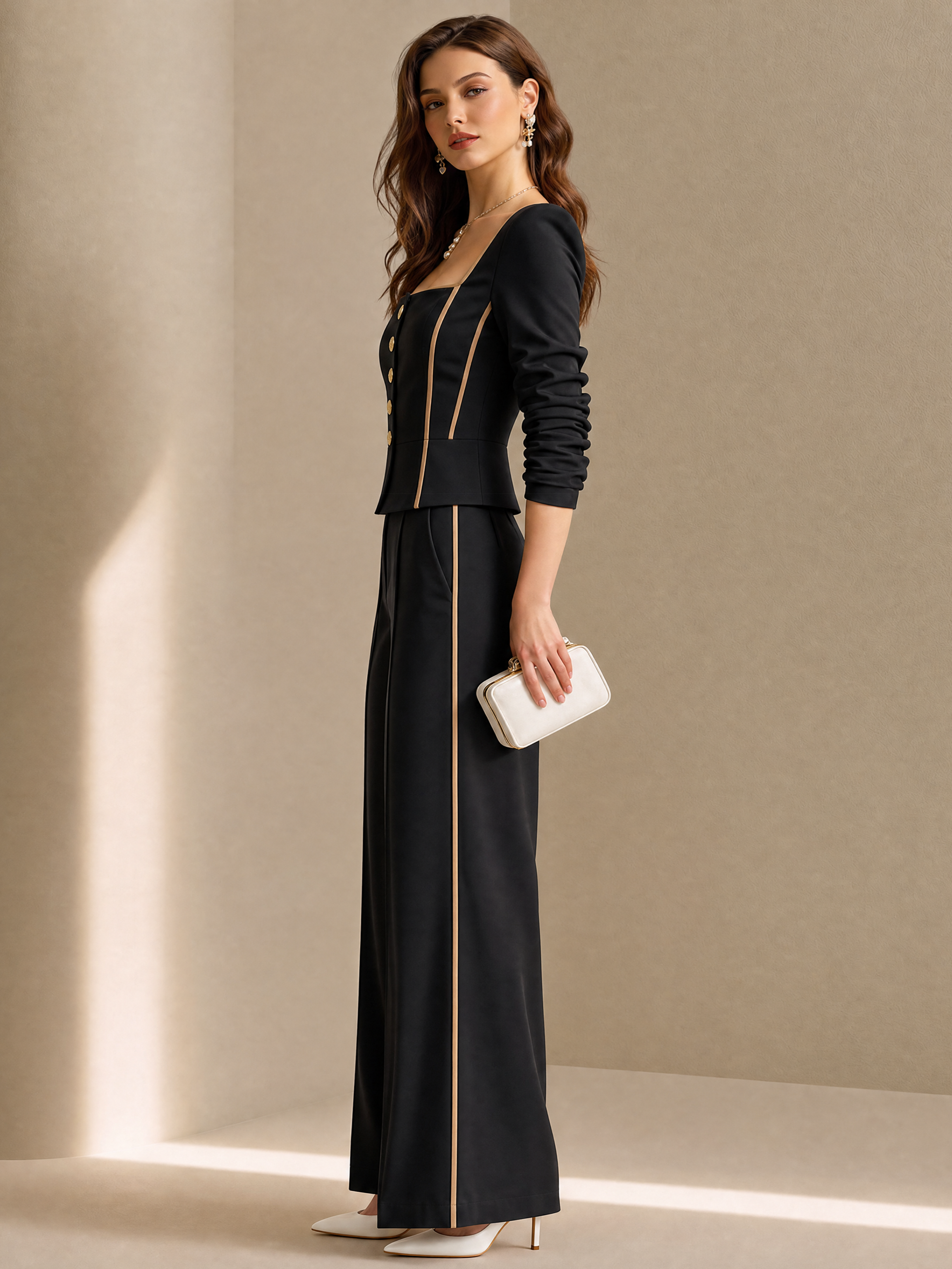Elegant Black Contrast Piping Square Neck Top & Wide Leg Pants Set