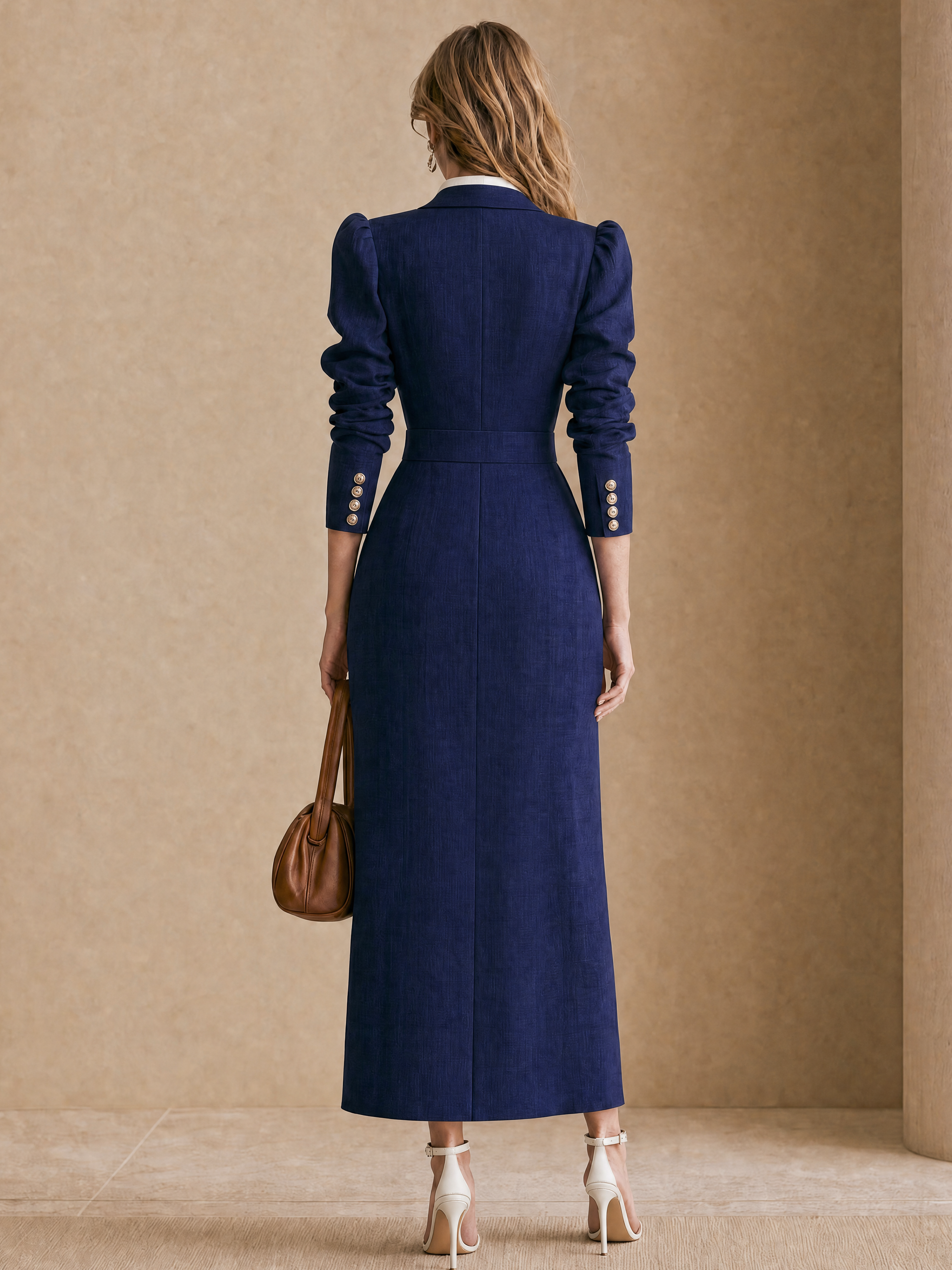 Elegant Navy Blue & White Contrast Longline Blazer Coat