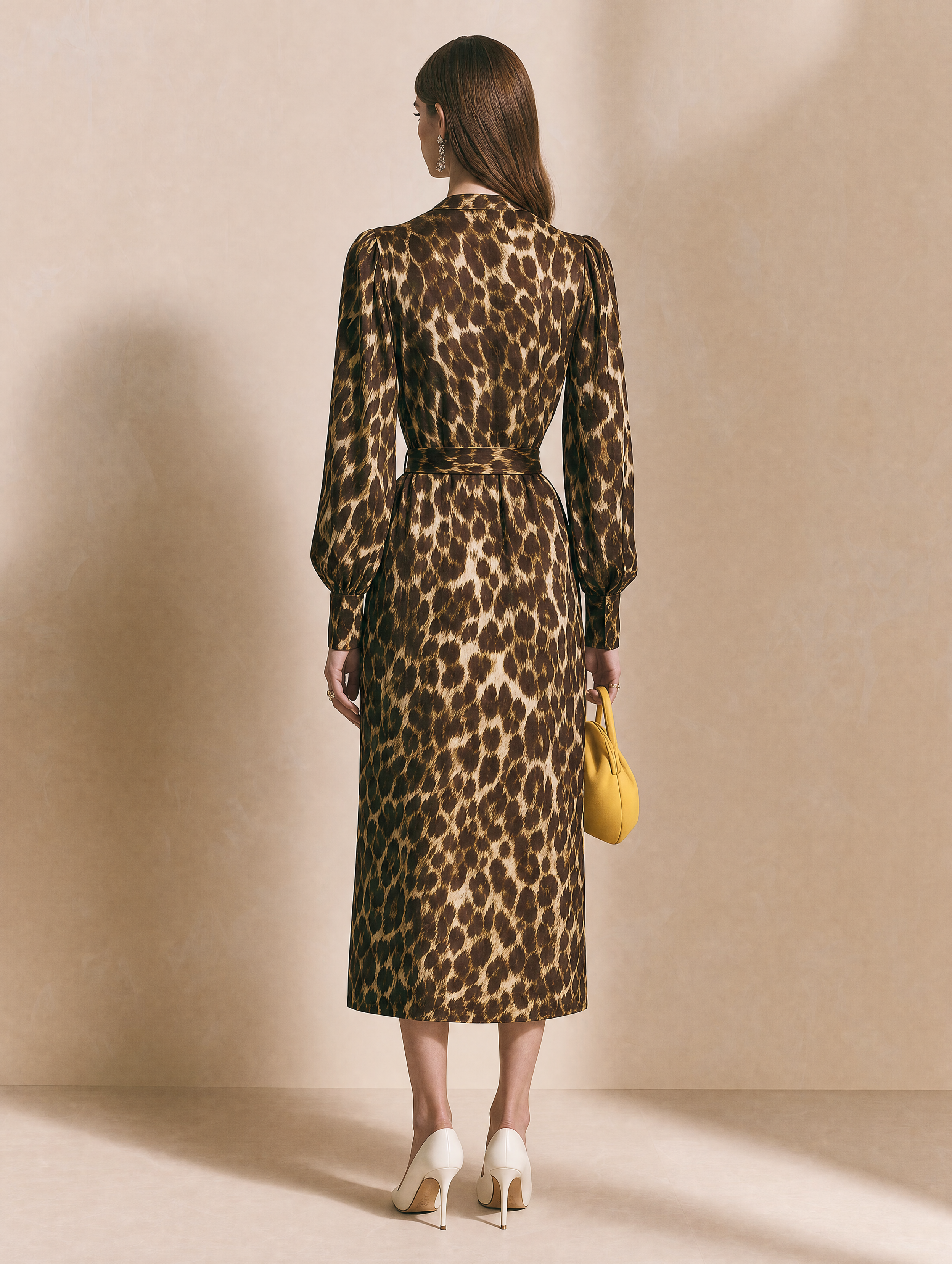 Elegant Leopard Print V-Neck Long Sleeve Midi Dress